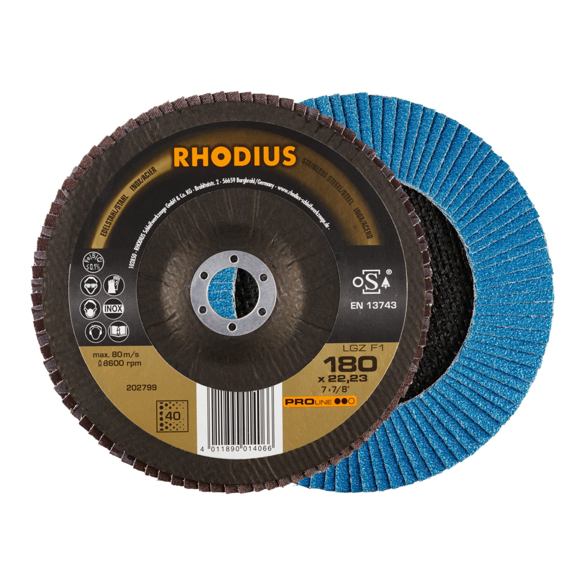 Rhodius Schleifscheibe RHODIUS PROline LGZ F1 Fächerschleifscheibe 180 x 22,23 mm K40 10 Stk