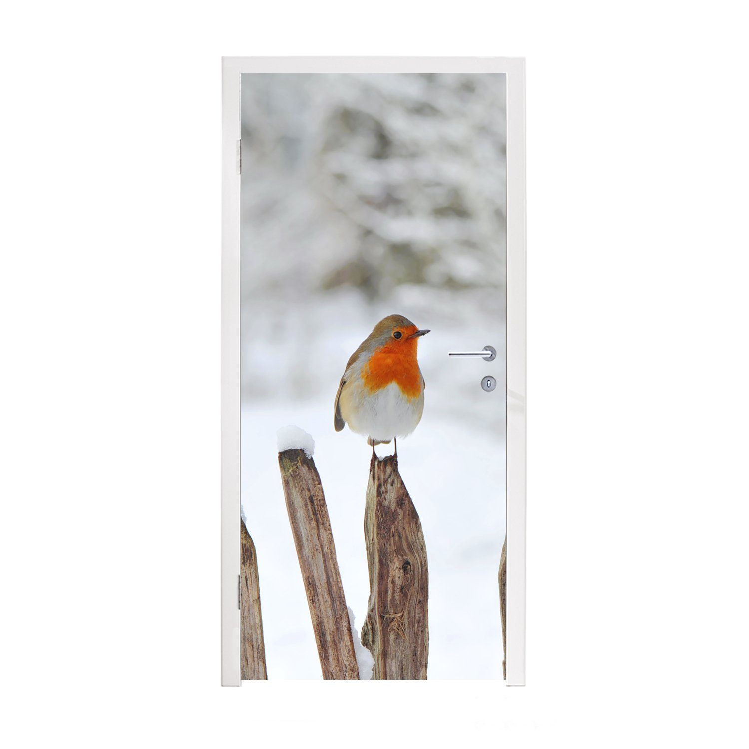 - Tür, Türtapete Fototapete für MuchoWow Schnee, Matt, St), bedruckt, 75x205 (1 Zaun cm Vogel - Türaufkleber,