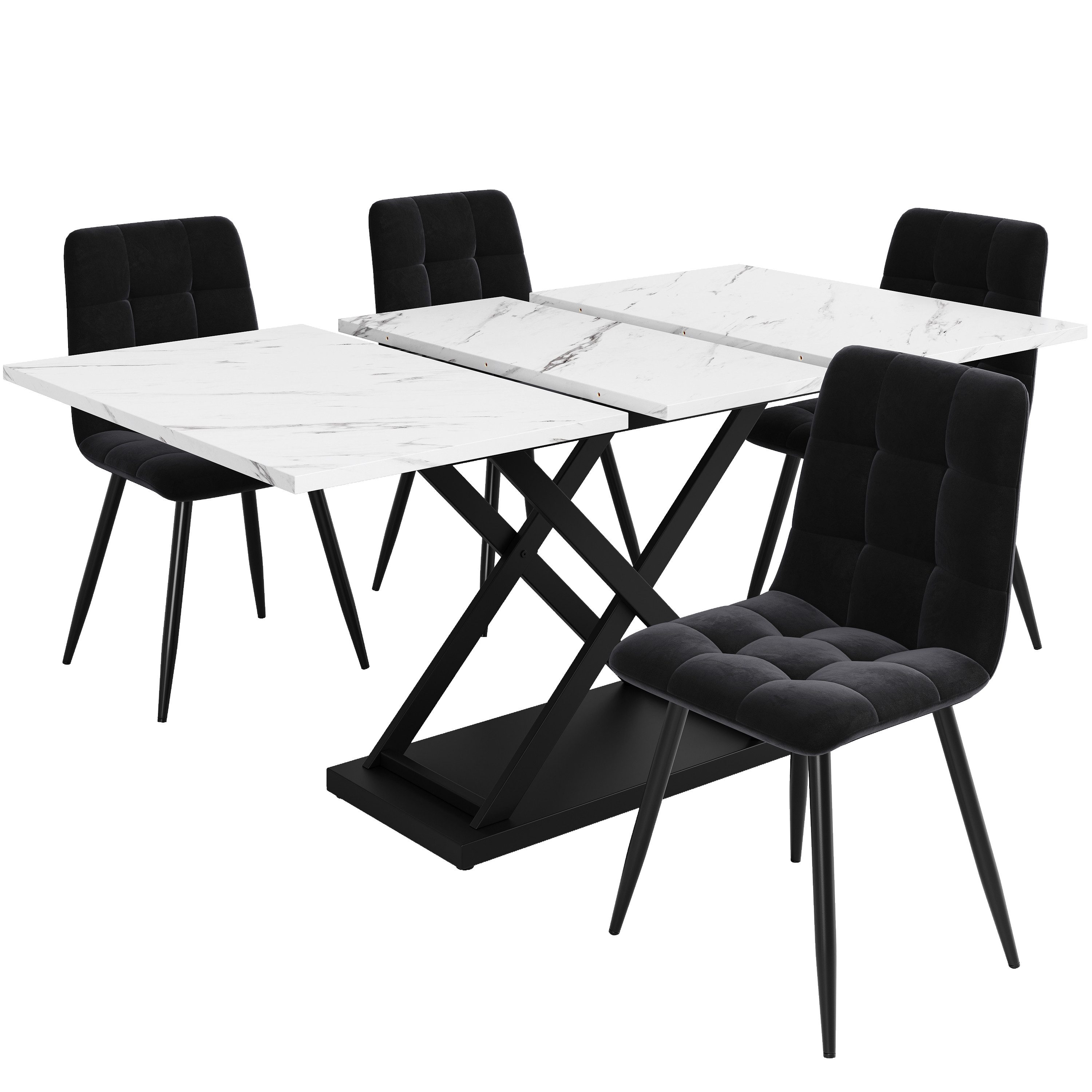 Flieks Essgruppe, (Set, 5-tlg., 120-160x80cm Tischplatte), ausziehbar Esstisch mit 4 Stühlen Set Küchetisch Esszimmerstuhl Samt