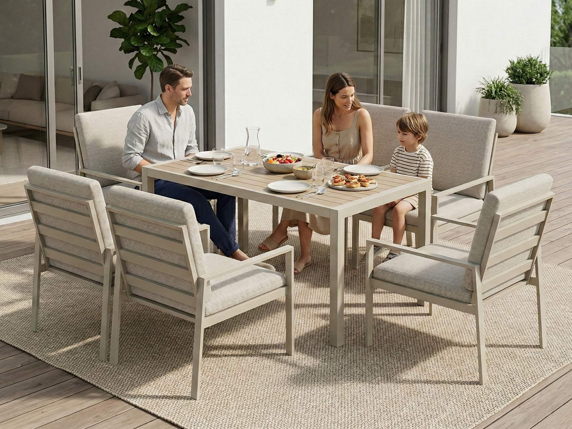MeXo Gartenlounge-Set Gartenmöbel Set mit Esstisch, (Gartenessgruppe Set 6 Personen, Aluminium, wetterfest, hoher Sitzkomfort), mit pflegeleichte Polywood-Tischplatte, bis 140 kg belastbar