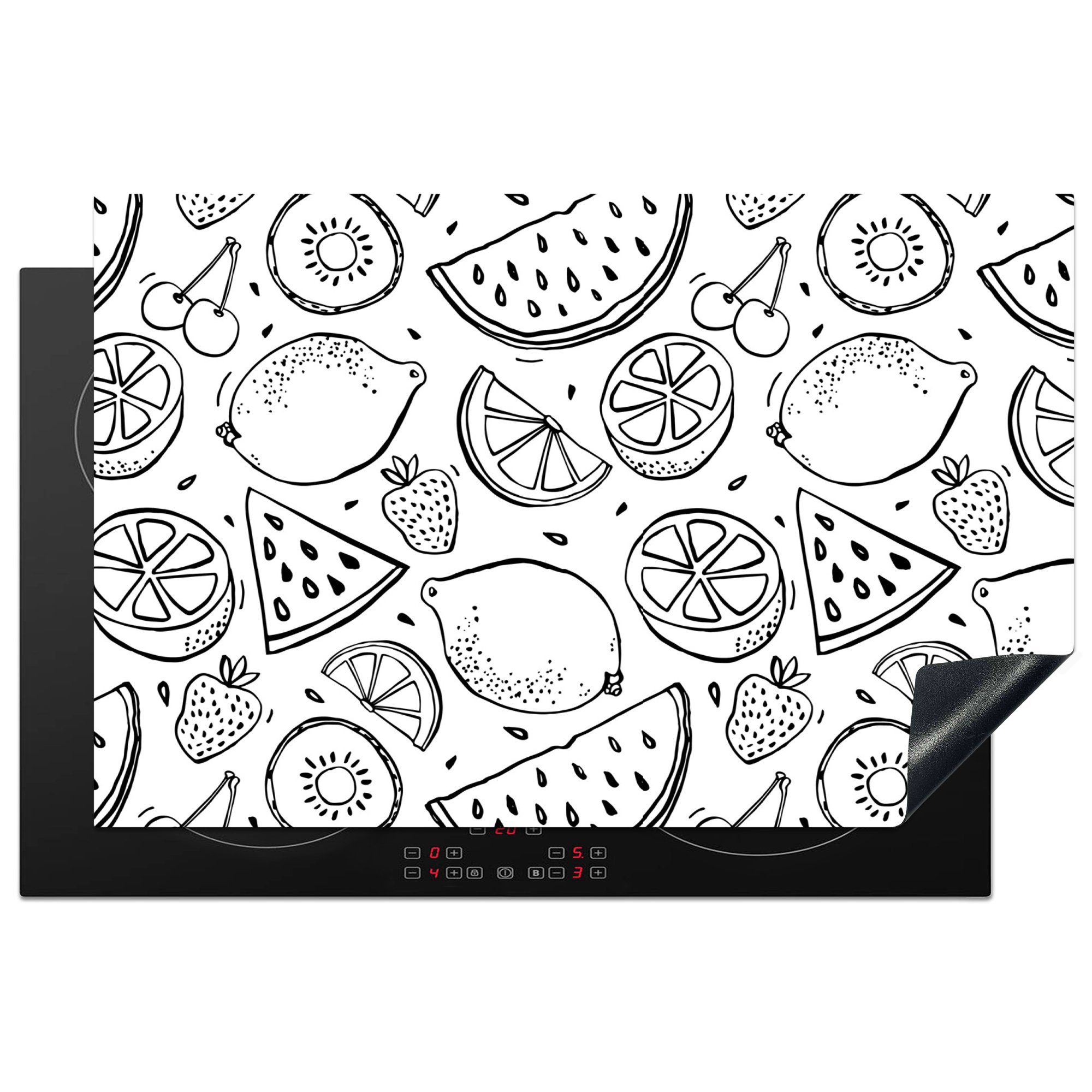MuchoWow Herdblende-/Abdeckplatte Erdbeere - Kiwi - Muster - Schwarz - Weiß, Vinyl, (1 tlg), 81x52 cm, Induktionskochfeld Schutz für die küche, Ceranfeldabdeckung