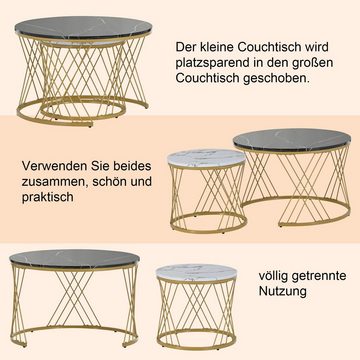 BlingBin Satztisch Couchtisch (Satz von 2, Marmor Furnier Sofa Seite Nest von Tischen), Goldene Farbe Frame, 70×70×45cm und 45×45×40cm