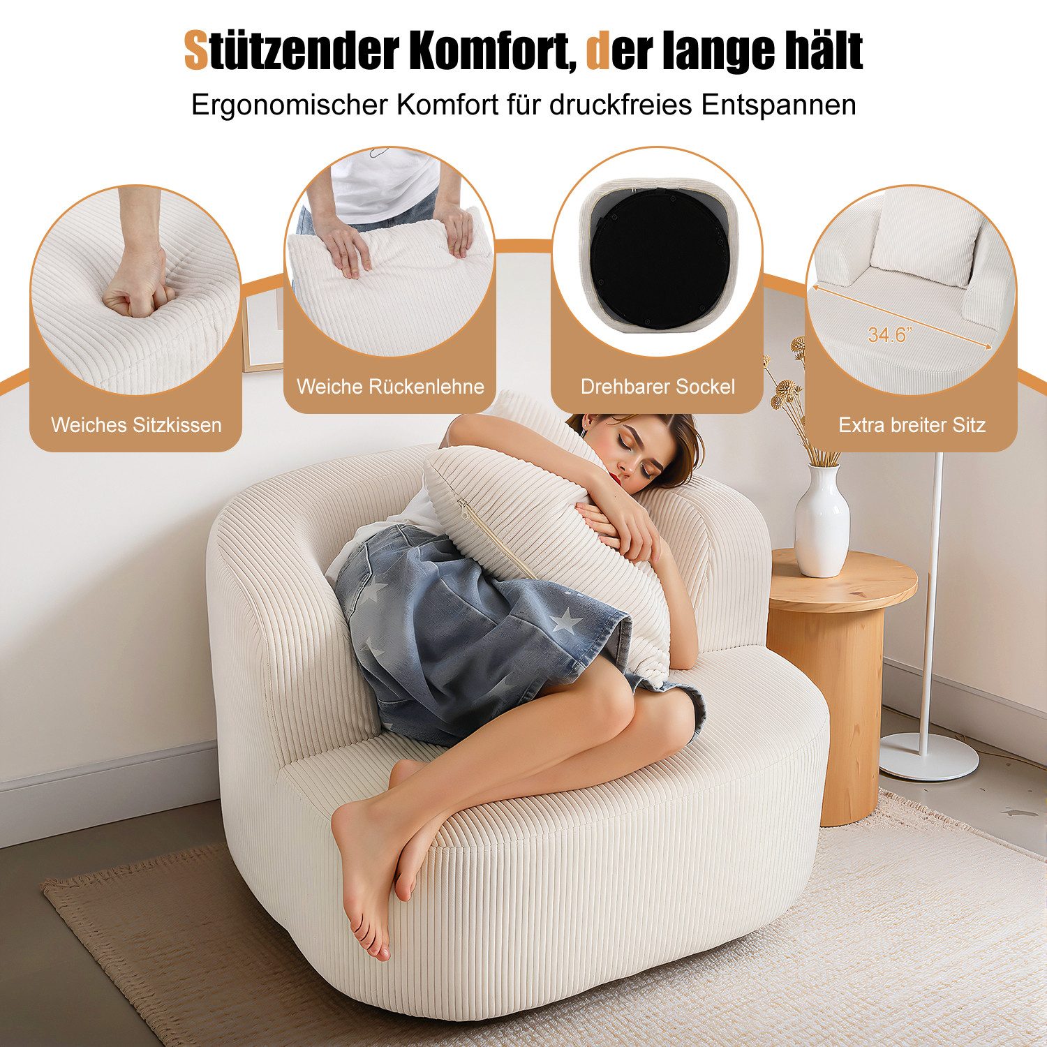 oyajia Drehsessel 360° Bequemer Drehstuhl mit Armlehne, vakuumiert (Ergonomischer drehsessel aus Cordstoff,mit 1 großen Kissen, 86x86x60 cm für Erwachsene und K – Bild 4 von 5