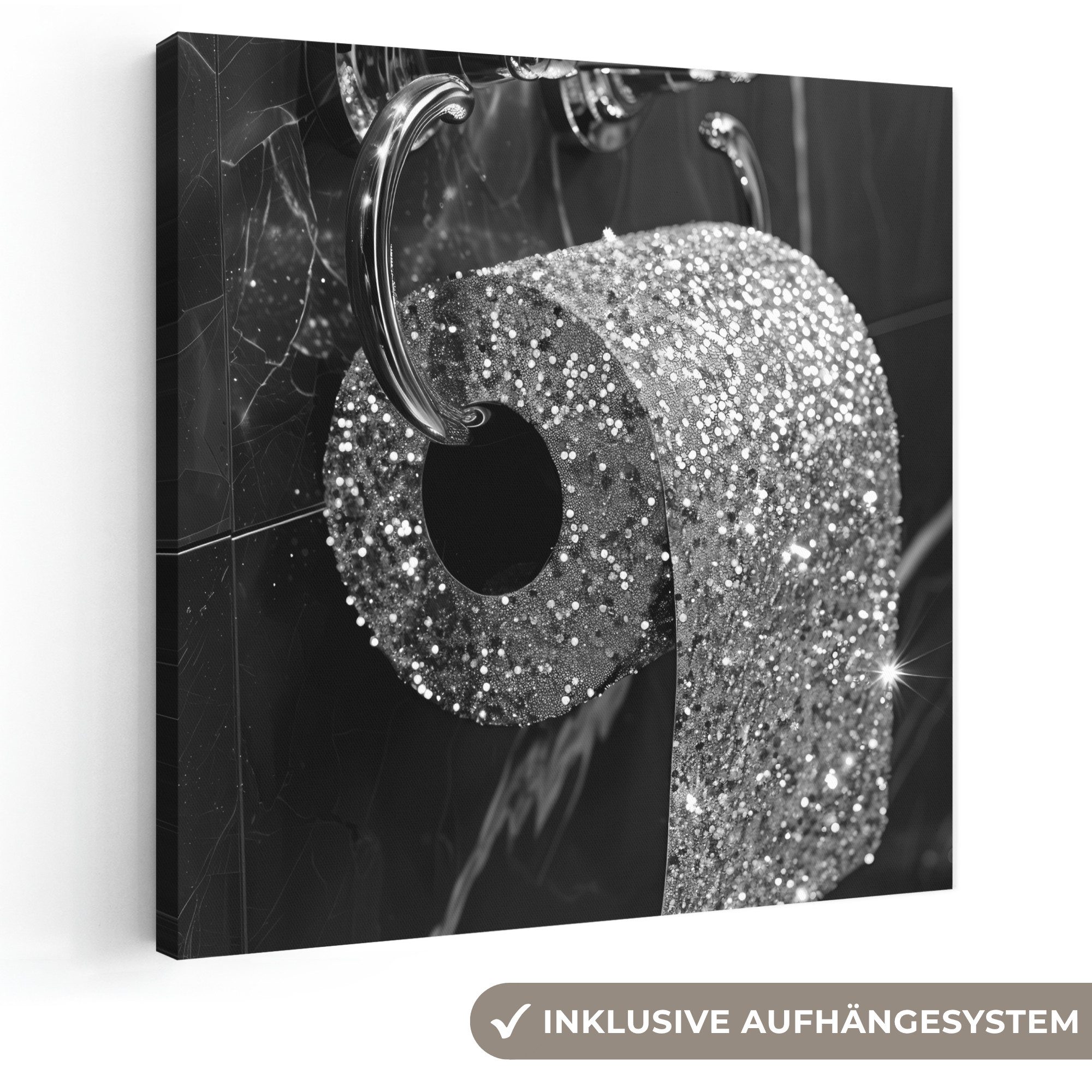OneMillionCanvasses® Leinwandbild Toilette - Toilettenpapier - Schwarz und weiß - Glitzer, Fotodruck (1 St), Wandbild, Deko Schlafzimmer Wohnzimmer Flur 20x20 cm