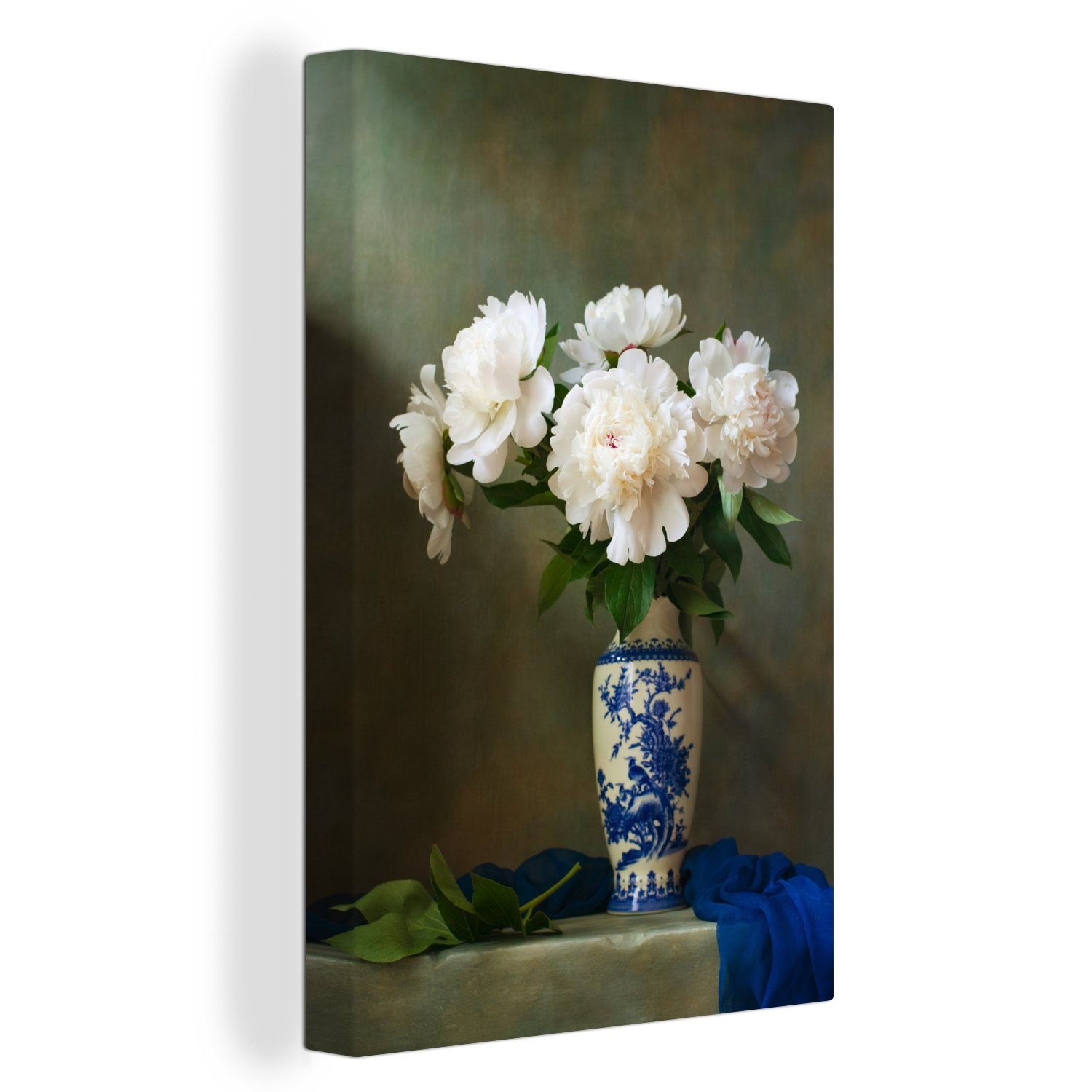 OneMillionCanvasses® 20x30 Pfingstrosen - St), fertig - Zackenaufhänger, Weiß, bespannt Leinwandbild cm (1 inkl. Vase Gemälde, Leinwandbild
