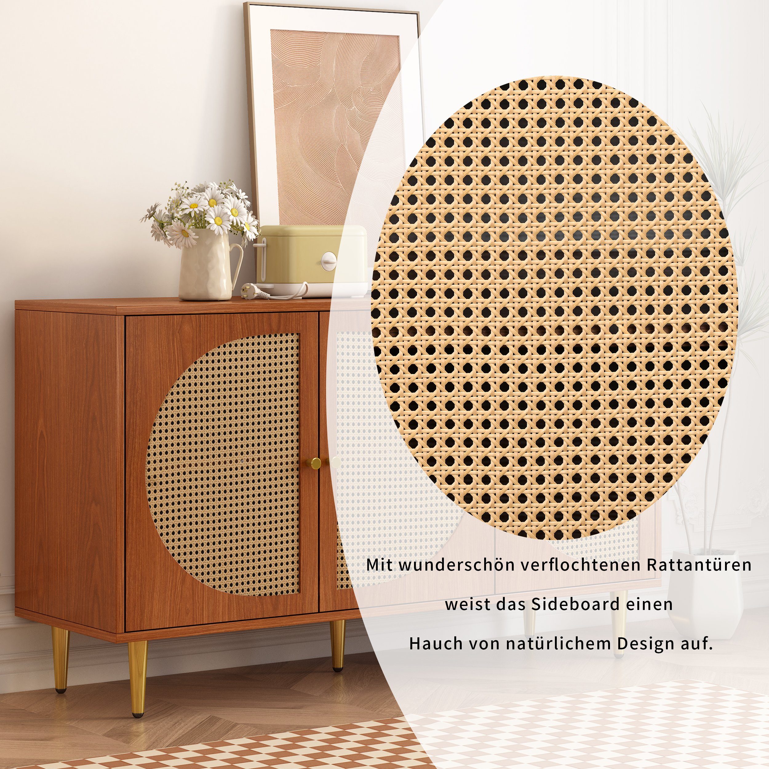 Merax Sideboard im Vintage-Stil mit 6 Fächern, Kommode mit 3 Rattan-Türen und Metallbeine,Breite 130cm