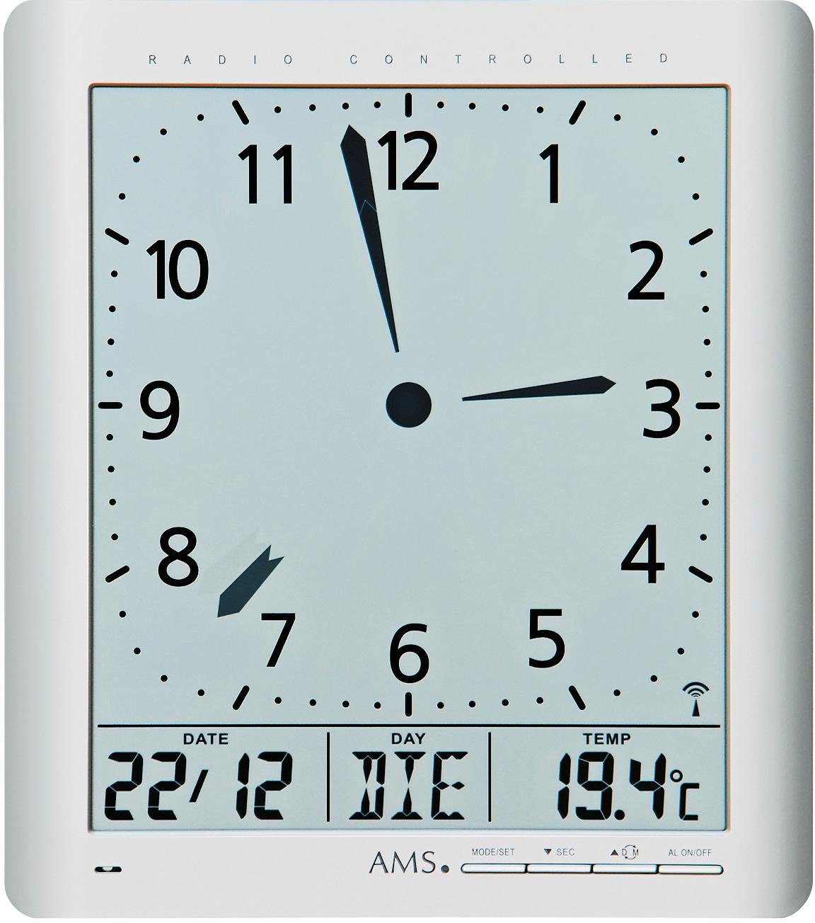 AMS Funkwanduhr F5898 (Quarzuhr,mit Alarm,Datum,Wohnzimmer,Esszimmer,Küche,Büro, Flur)