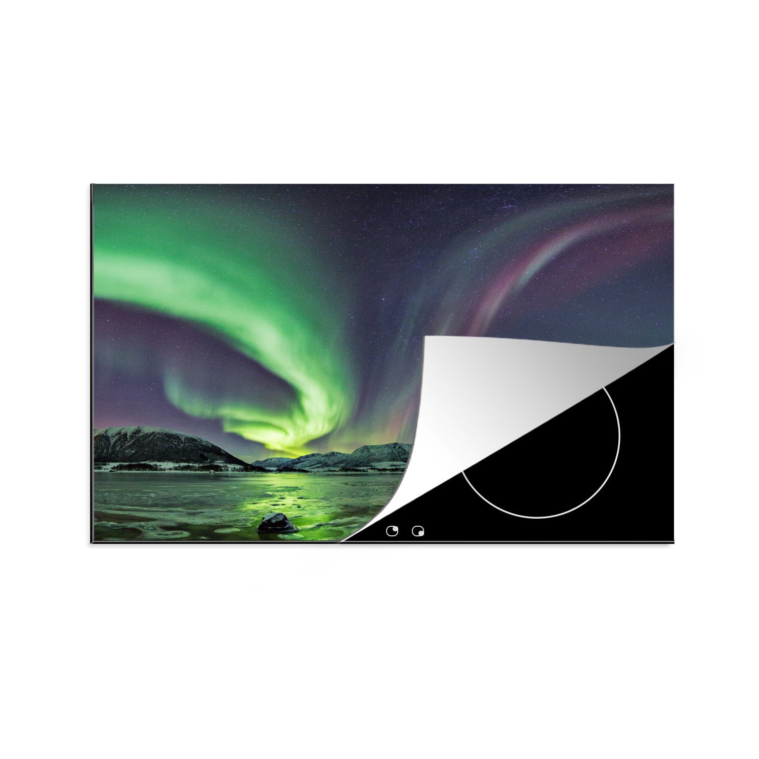 Schutz Vinyl, - MuchoWow - Ceranfeldabdeckung Eis Nordlichter die für Grün, küche, - (1 cm, Lila tlg), 81x52 Herdblende-/Abdeckplatte Induktionskochfeld