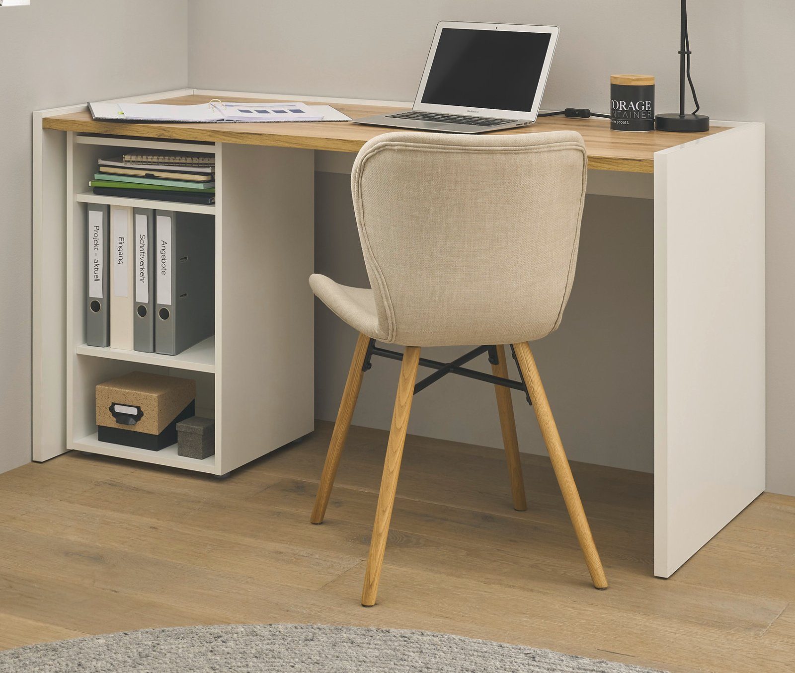 Furn.Design Schreibtisch Center (Set inklusive Container, 2-teilig, weiß und Wotan Eiche), Melaminbeschichtung