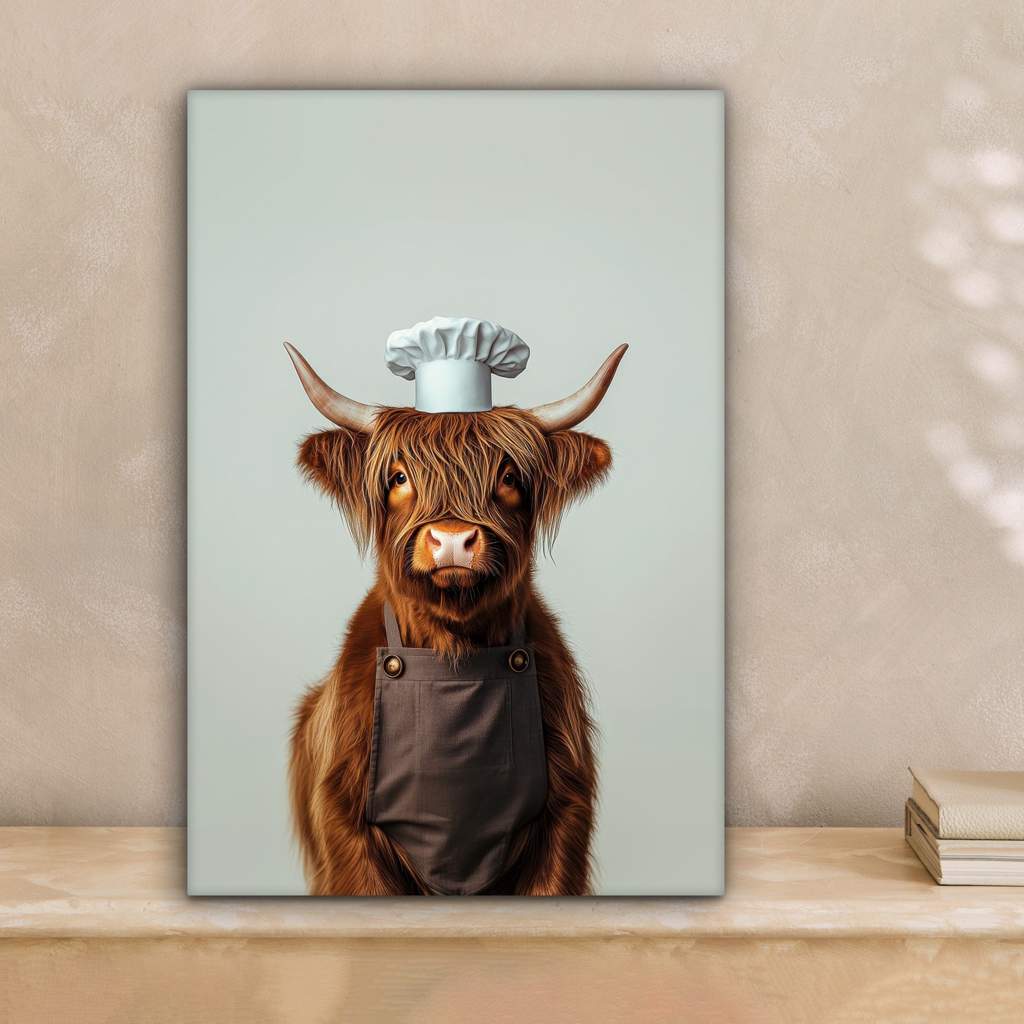 OneMillionCanvasses® Leinwandbild Schottischer Highlander - Braun - Hörner - Kochkleidung, Fotodruck (1 St), Leinwand Canvas Wandbild, Wanddekoration 20x30 cm