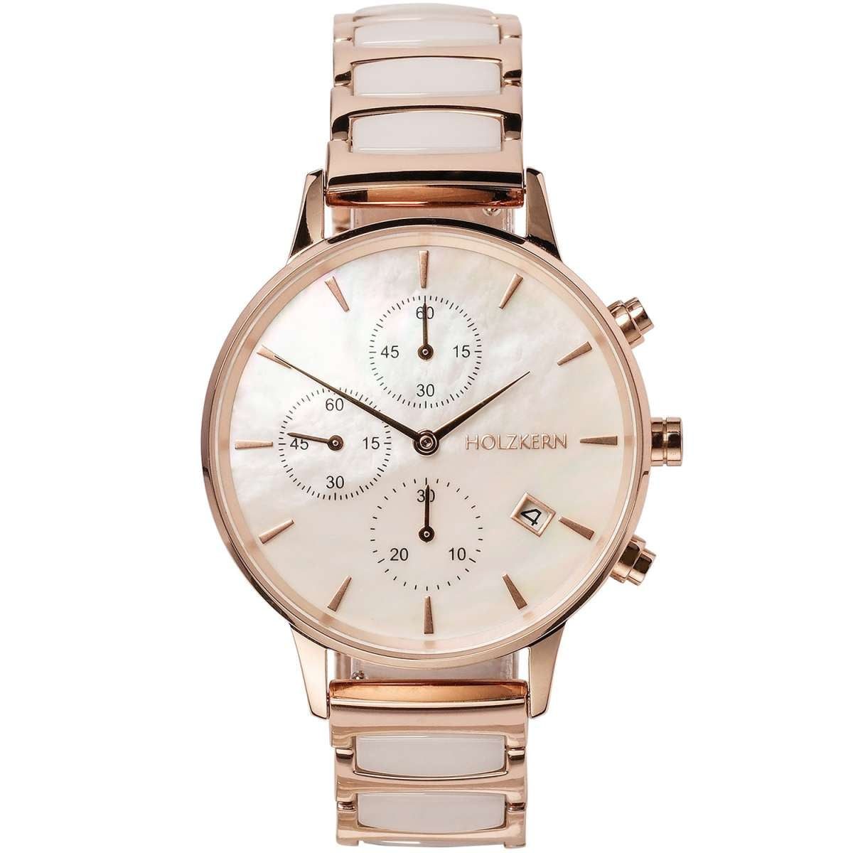 Holzkern Quarzuhr 9010631016418, Damenuhr Chronograph Shiny Perlmutt/Keramik