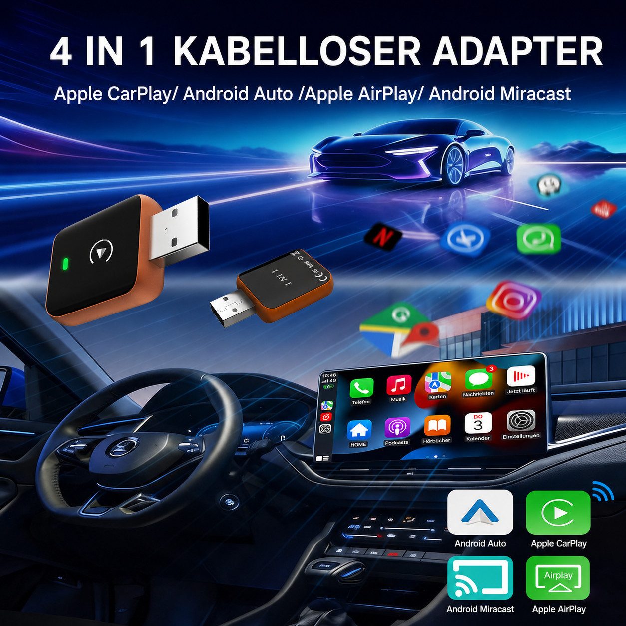 ibettertec 4-in-1-Adapter für kabelloses CarPlay, AirPlay, Dashcam (Android Auto und Android Miracast Auto, Kompatibel mit Android Miracast und Apple AirPlay, USB-A,Mit iPhone 6 and Android 11 and Above mit Wired CarPlay Autos)
