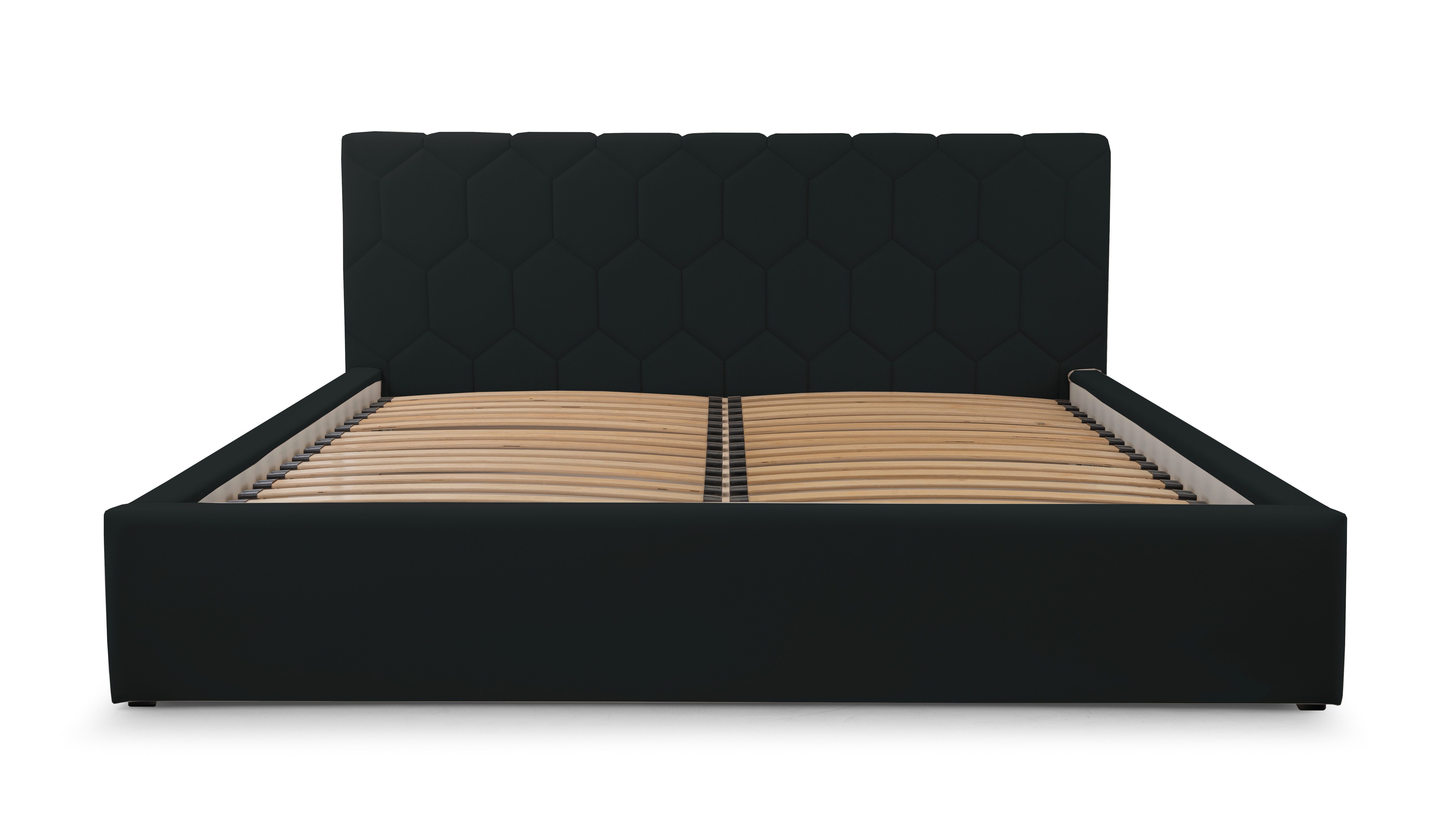 MOEBLO Polsterbett Bett 02 (Double Doppelbett mit Kopfstütze, Rahmenbettgestell, mit Bettkasten und Lattenrost), gepolstertes Kopfteil