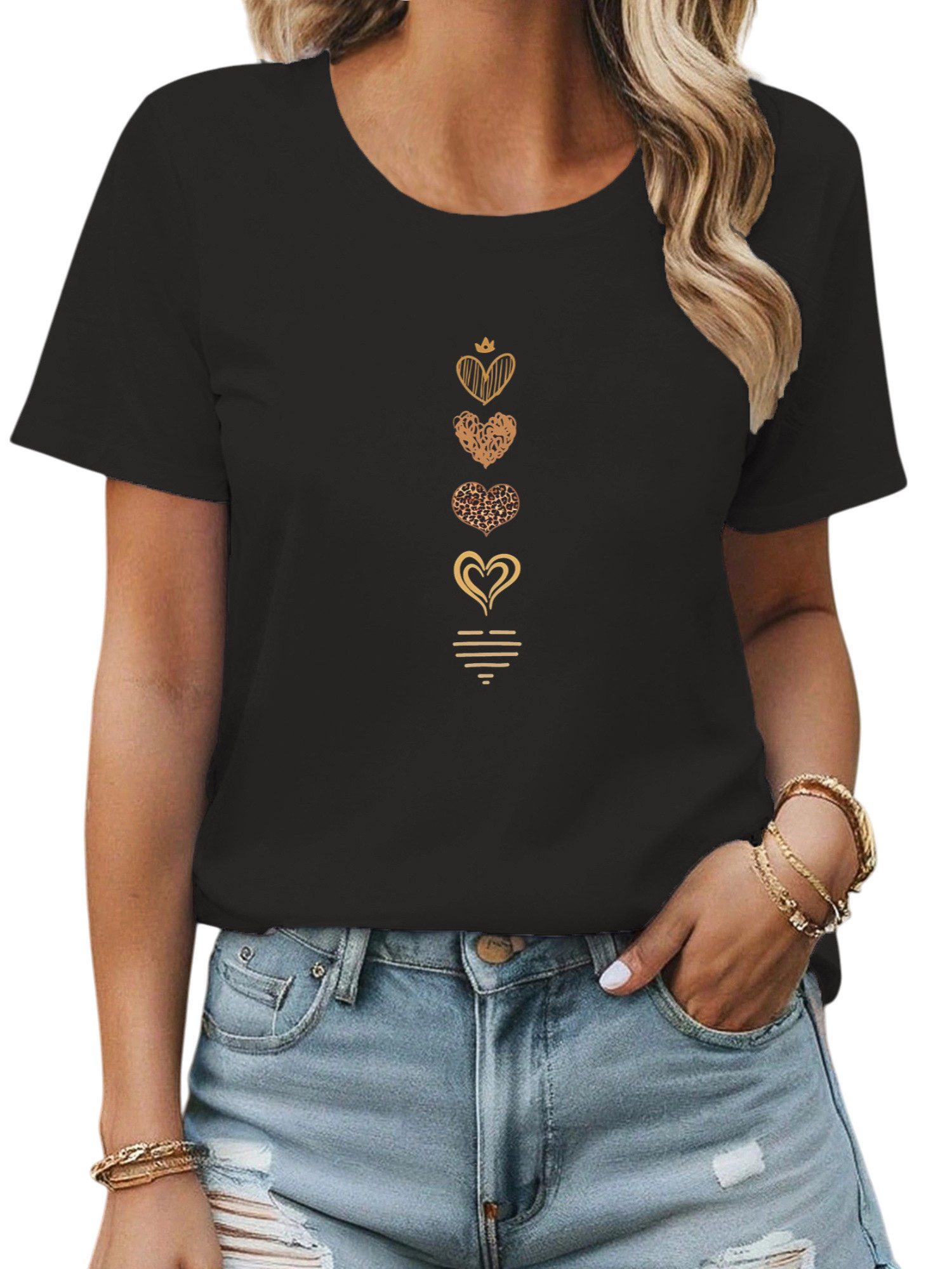 PYLIKE Kurzarmbluse Damen Bequemes Sommer Kurzarmbluse Locker Liebe Print-S günstig online kaufen