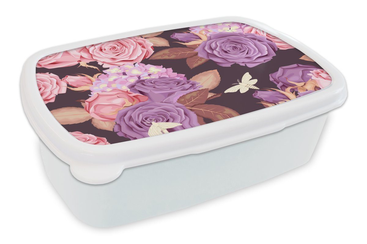 MuchoWow Lunchbox Blumen - Schmetterlinge - Lila - Rosa, Kunststoff, (2-tlg), Brotbox für Kinder und Erwachsene, Brotdose, für Jungs und Mädchen weiß