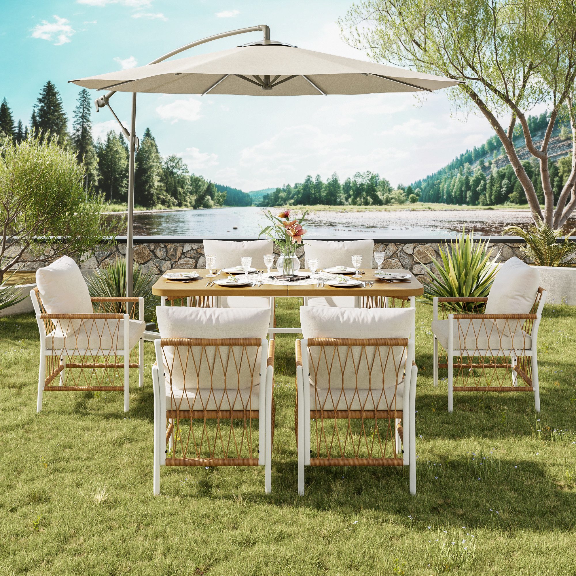 Odikalo Gartenlounge-Set Gartenmöbel Garten-Essgruppe Gartentisch, (Outdoor-Set, Freizeit- und Besprechungsset für mehrere Personen, Eisengestell, Geflochtene Armlehnen, Inklusive Sitzkissen)