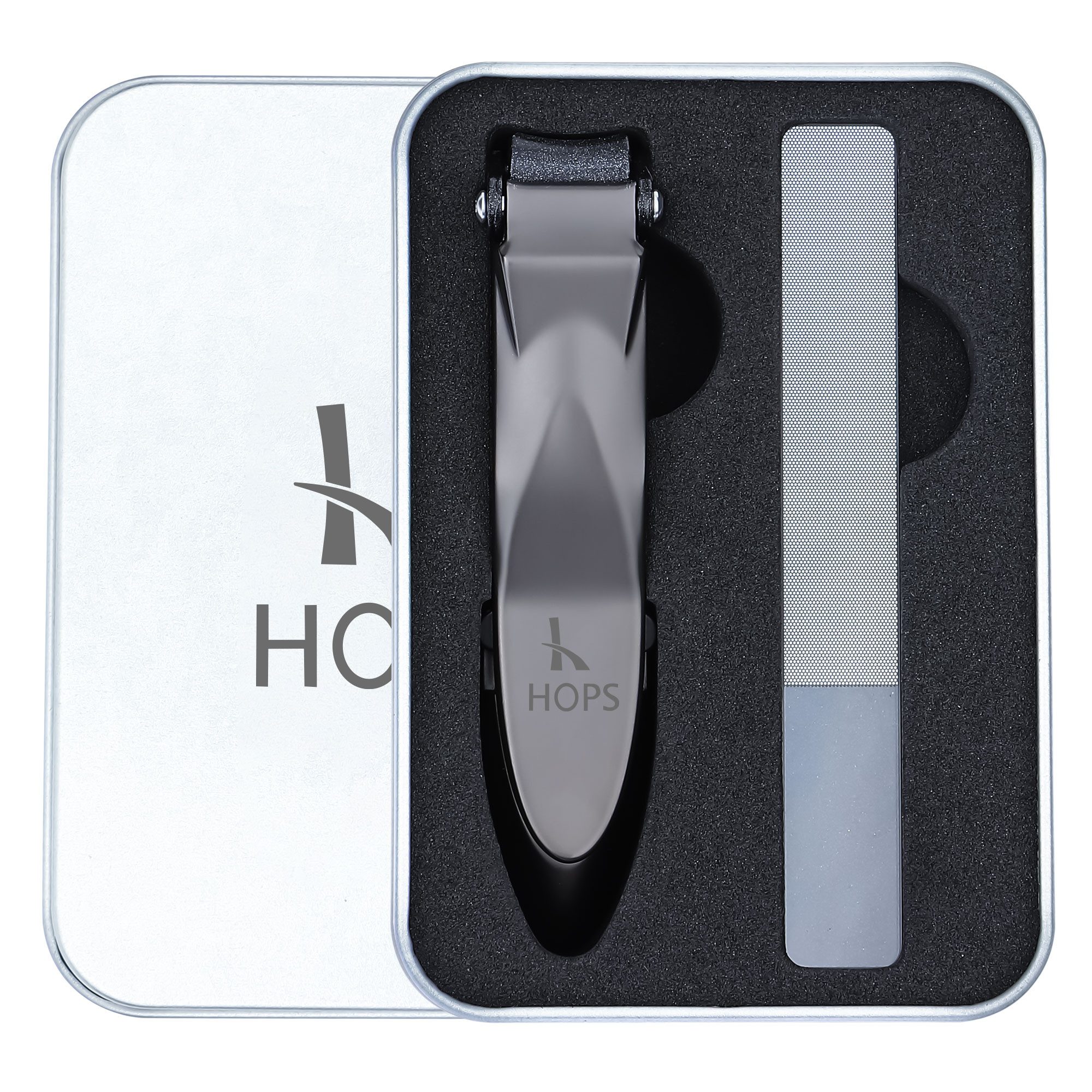 HOPS Nagelknipser mıt Auffangbehälter und Feile, in Geschenkbox, 2-teiliges Set, für Fingernägel und Fußnägel