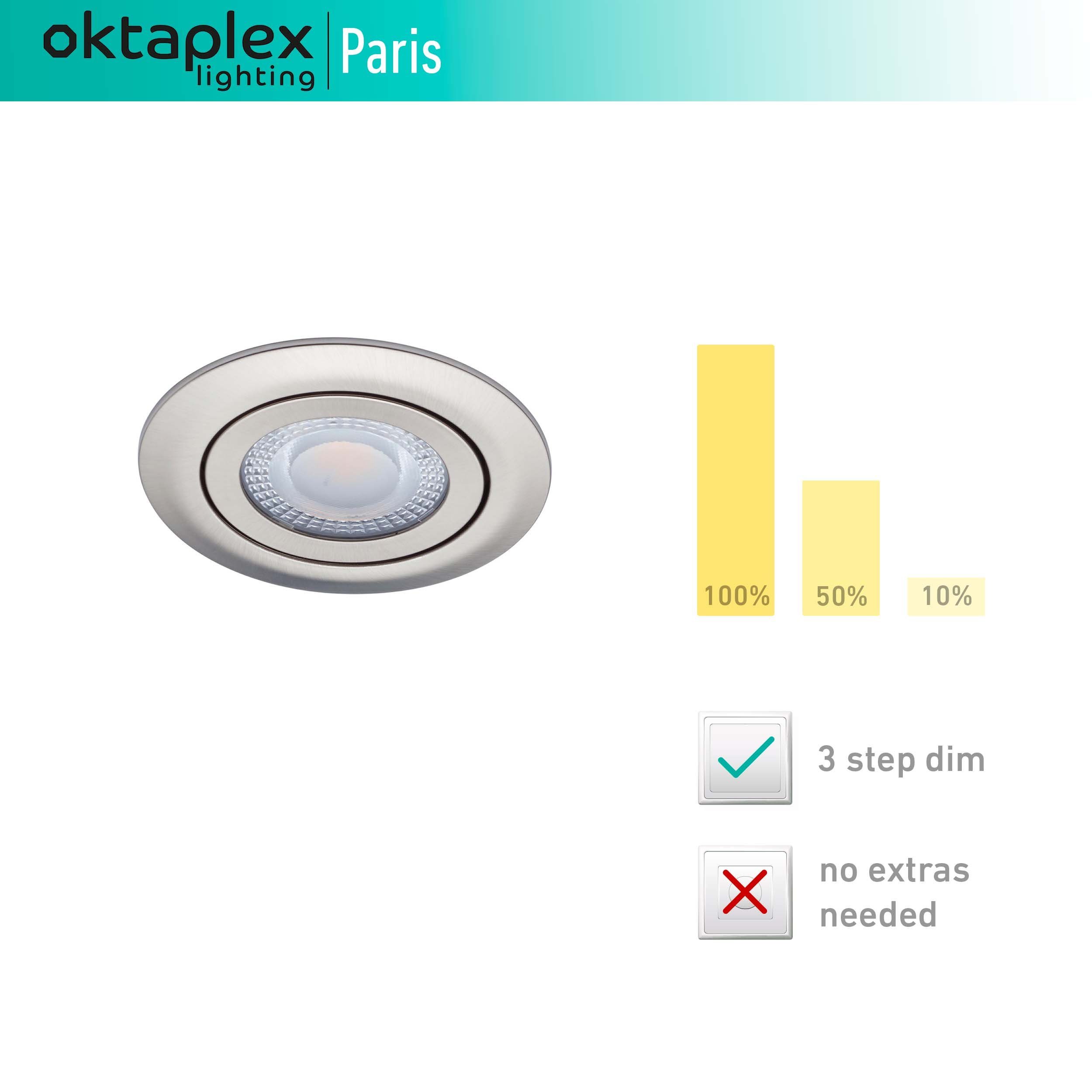 Deckenleuchte 3 LED fest Warmweiß Oktaplex Dimmer, Oktaplex Einbaustrahler PARIS 3-Step verbaut, Stufen LED Nickel lighting dimmbar,