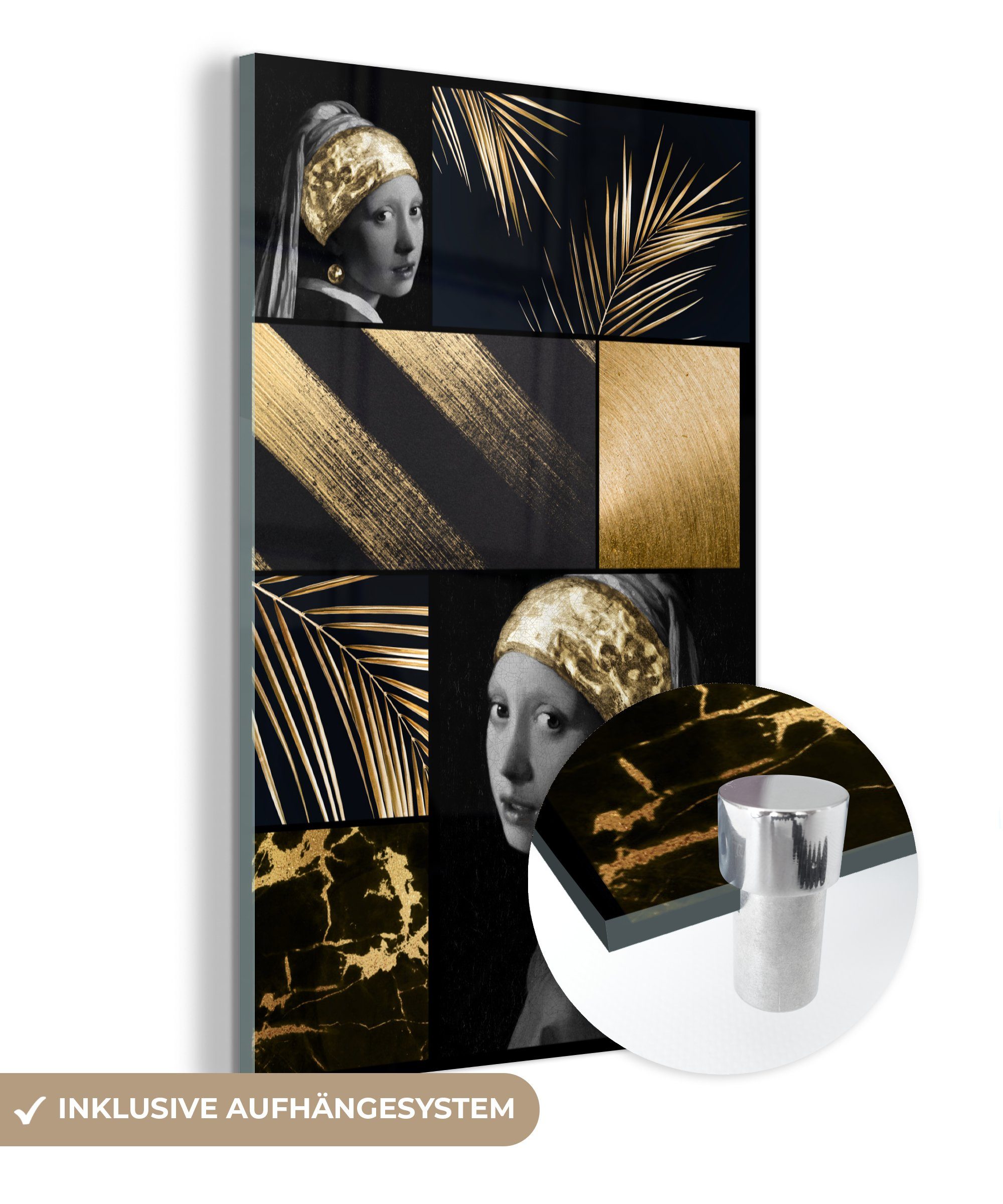 MuchoWow Acrylglasbild Collage - Schwarz - Gold - Mädchen mit Perlenohrring, (1 St), Glasbilder - Bilder auf Glas Wandbild - Foto auf Glas - Wanddekoration