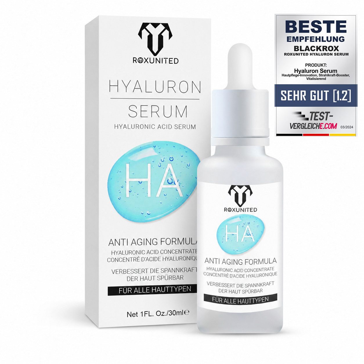ROXUNITED Gesichtsserum Hyaluron Serum Gesicht [Vergleichssieger] Hormonfrei alle Hauttypen, Gesicht, Hals, Dekolletê