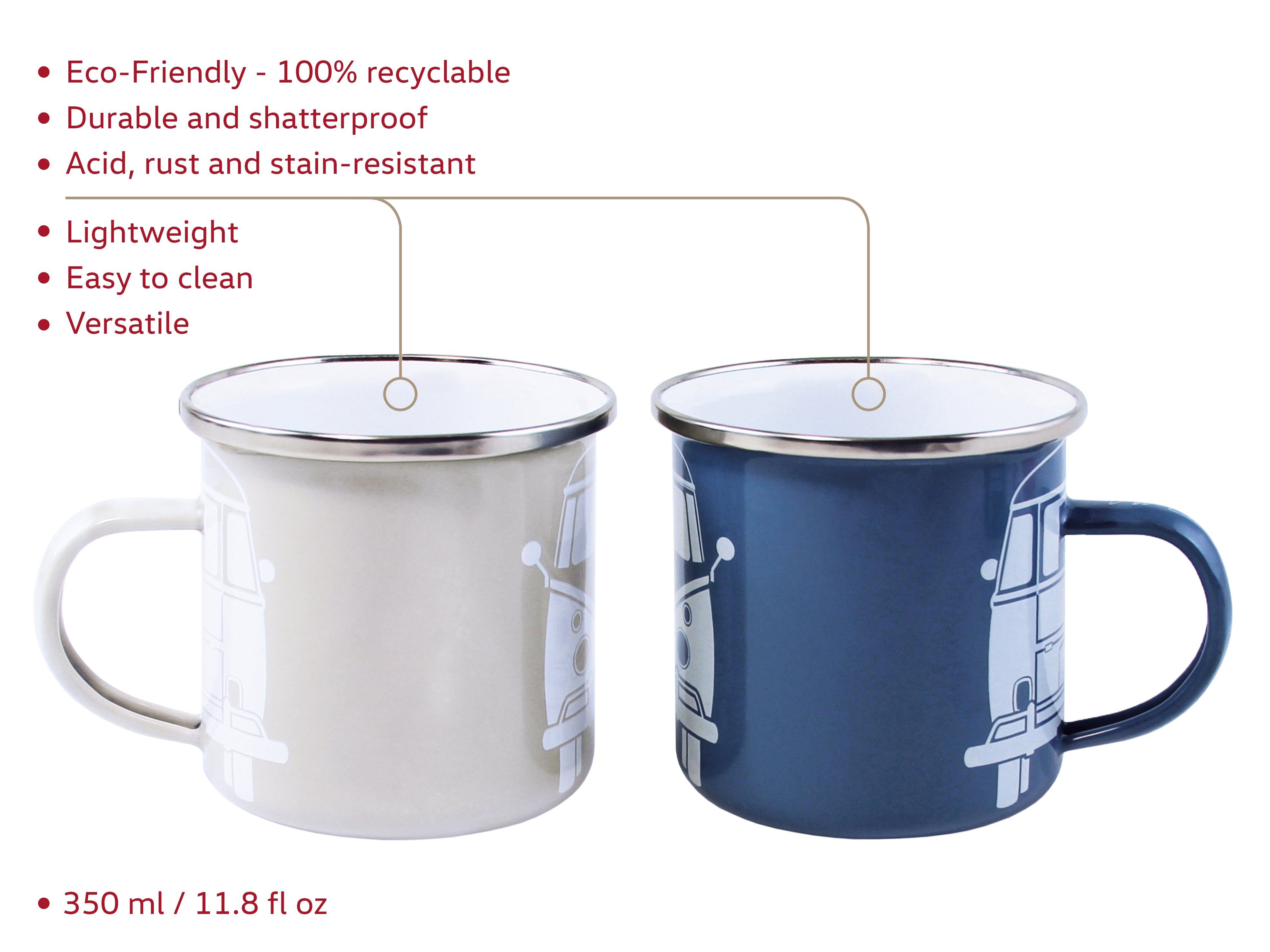 VW Collection by BRISA Tasse Volkswagen 2er Set Emaille Kaffeetasse, Teebecher, Emaille, Teetasse für Camping & Outdoor T1 Bus in verschiedenen Designs