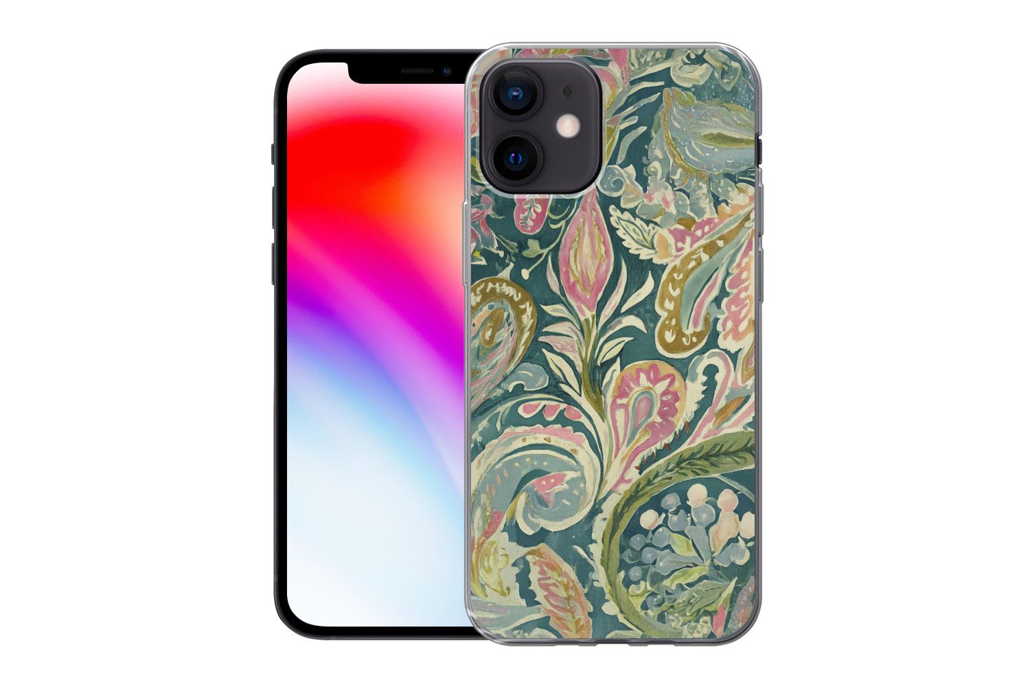 MuchoWow Handyhülle für Apple iPhone 12 Gemustert - Bunt - Verschnörkelt - Grün, Smartphone-Bumper, Print, Handy Schutzhülle Dünn