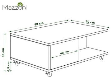 Mazzoni Couchtisch Design Tisch Vienna Sonoma Eiche Wohnzimmertisch mit Rollen 90x60x38cm