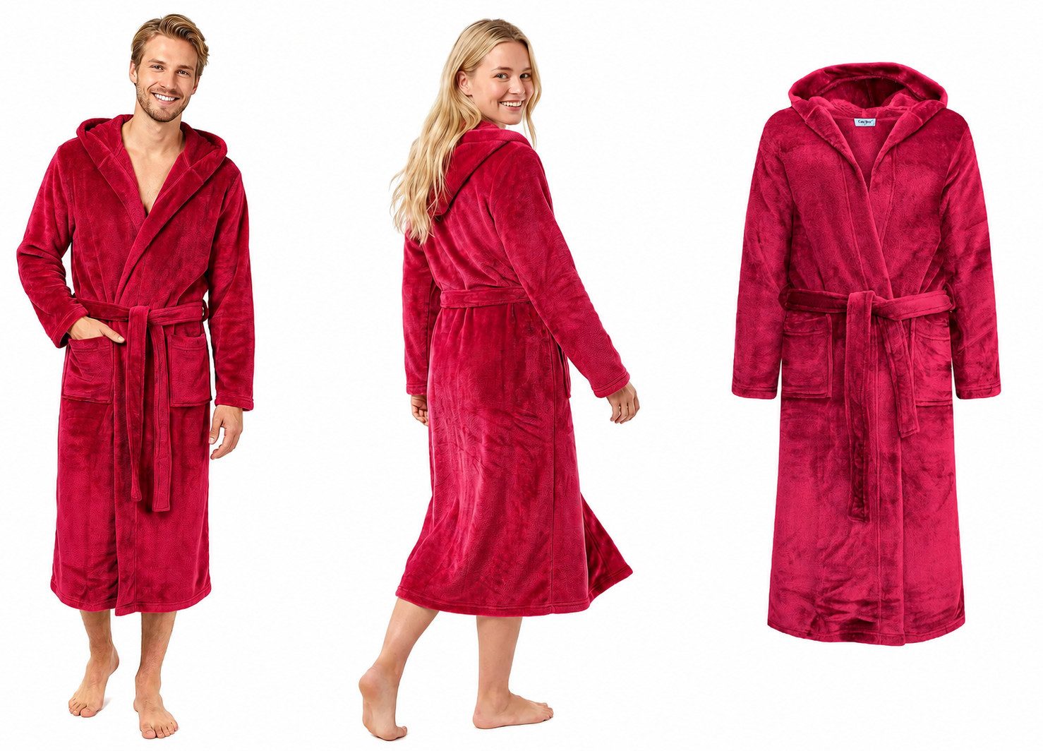 Rungassi Unisex-Bademantel Exklusiver Fleece-Bademantel Unisex extra lang mit Kapuze Rot 8210, 100 % Polyester