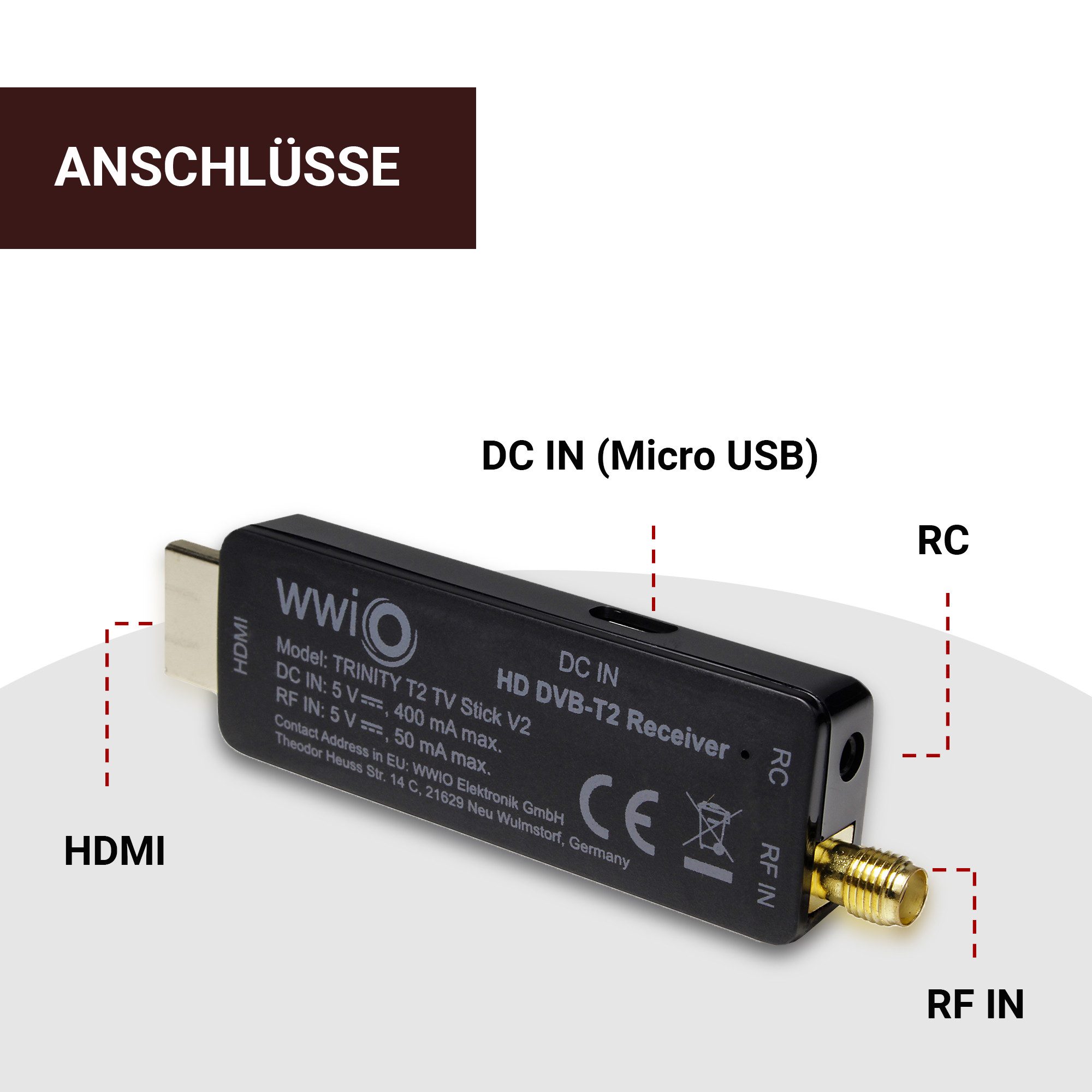 WWIO TRINITY T2 TV Stick mit 2 in 1 Fernbedienung & IR Fernbedienungsempf. DVB-T2 HD Receiver