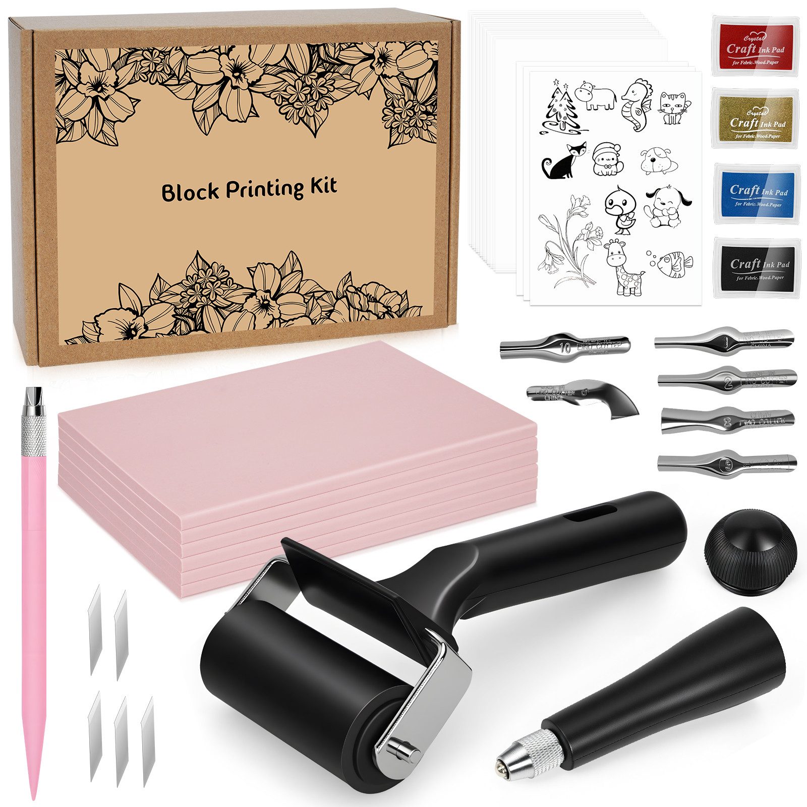 OSTWOLKE Kreativset Lino-Schneid und Druckset, Linolschnitt Set, Blockdruck Starter Kit, (47-tlg)