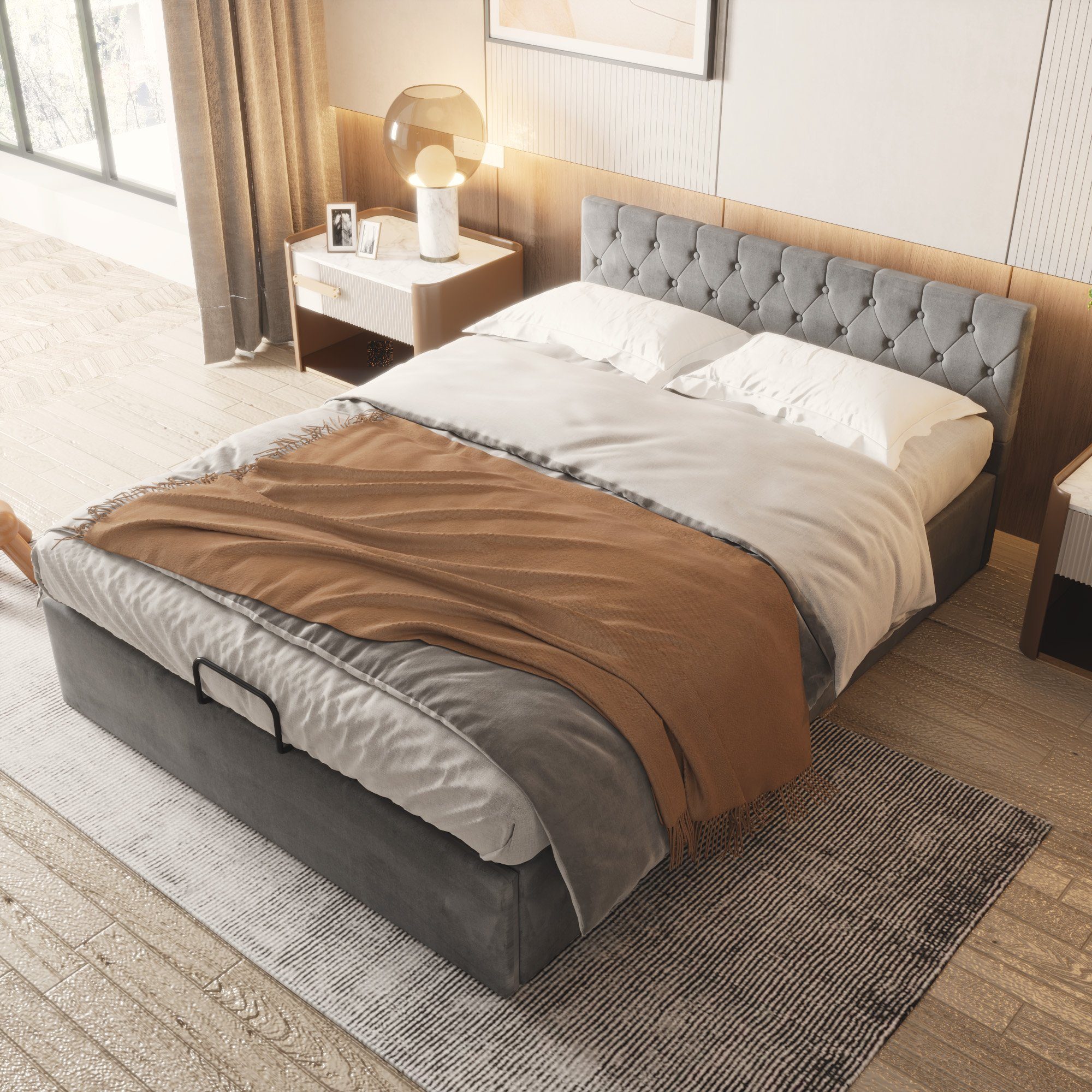 Boxspringbett (Polsterbett), Hydraulisches Doppelbett 140x200 cm mit Knopfheftung