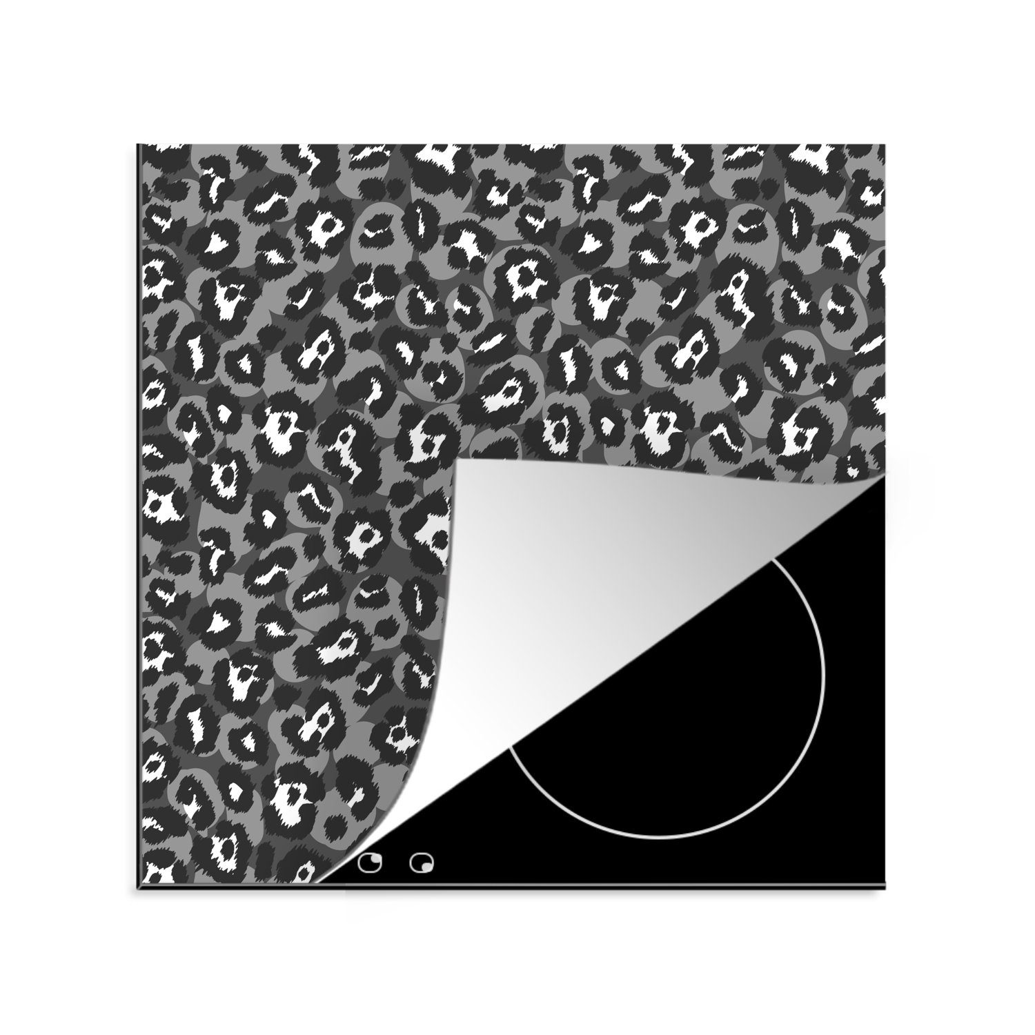 MuchoWow Herdblende-/Abdeckplatte Pantherdruck auf Grau, Vinyl, (1 tlg), 78x78 cm, Ceranfeldabdeckung, Arbeitsplatte für küche