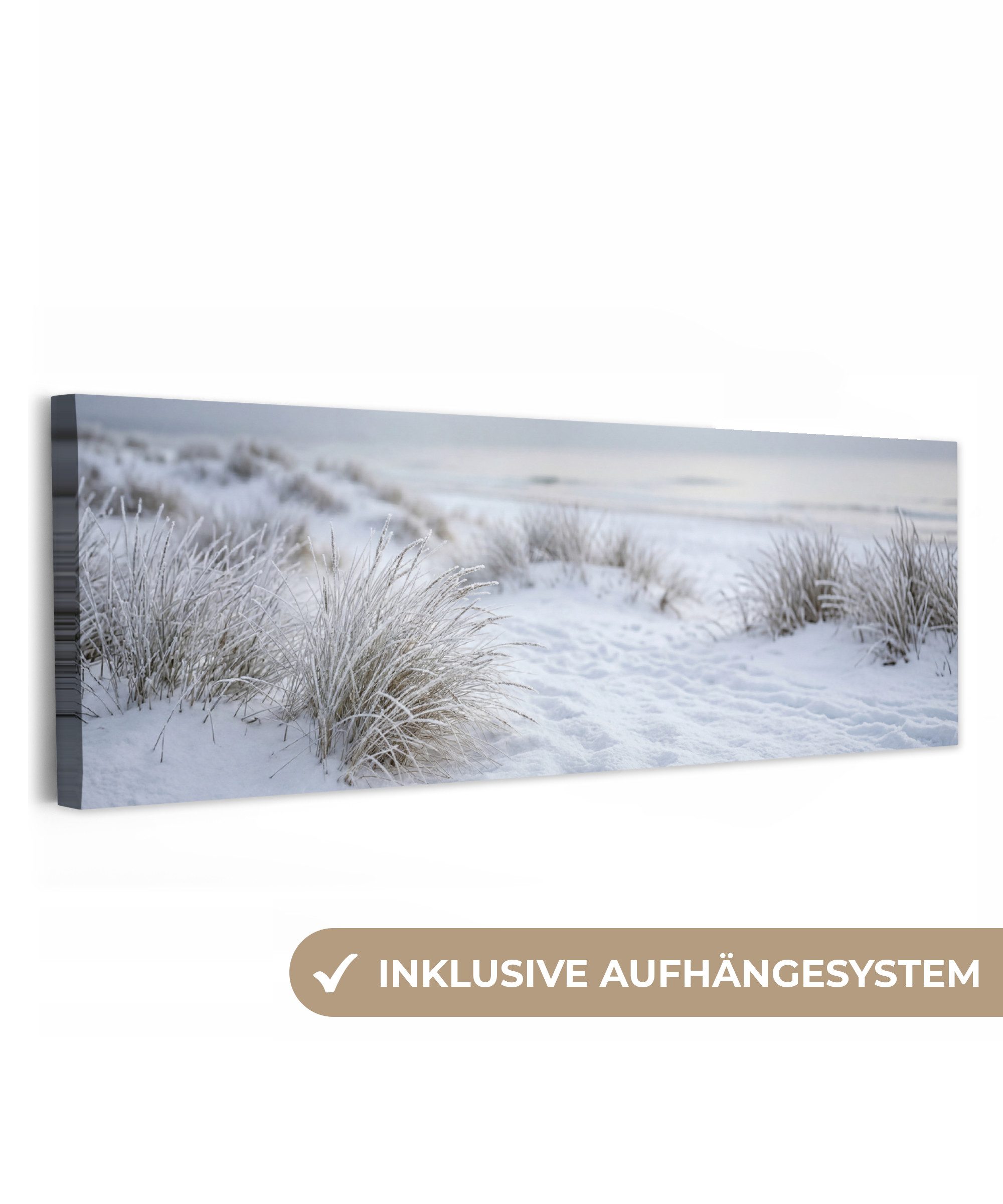 OneMillionCanvasses® Leinwandbild Panorama Dünen - Schnee - Strand - Winter - Gelassenheit, Fotodruck (1 St), Wandbild, Deko Schlafzimmer Wohnzimmer Flur 60x20 cm