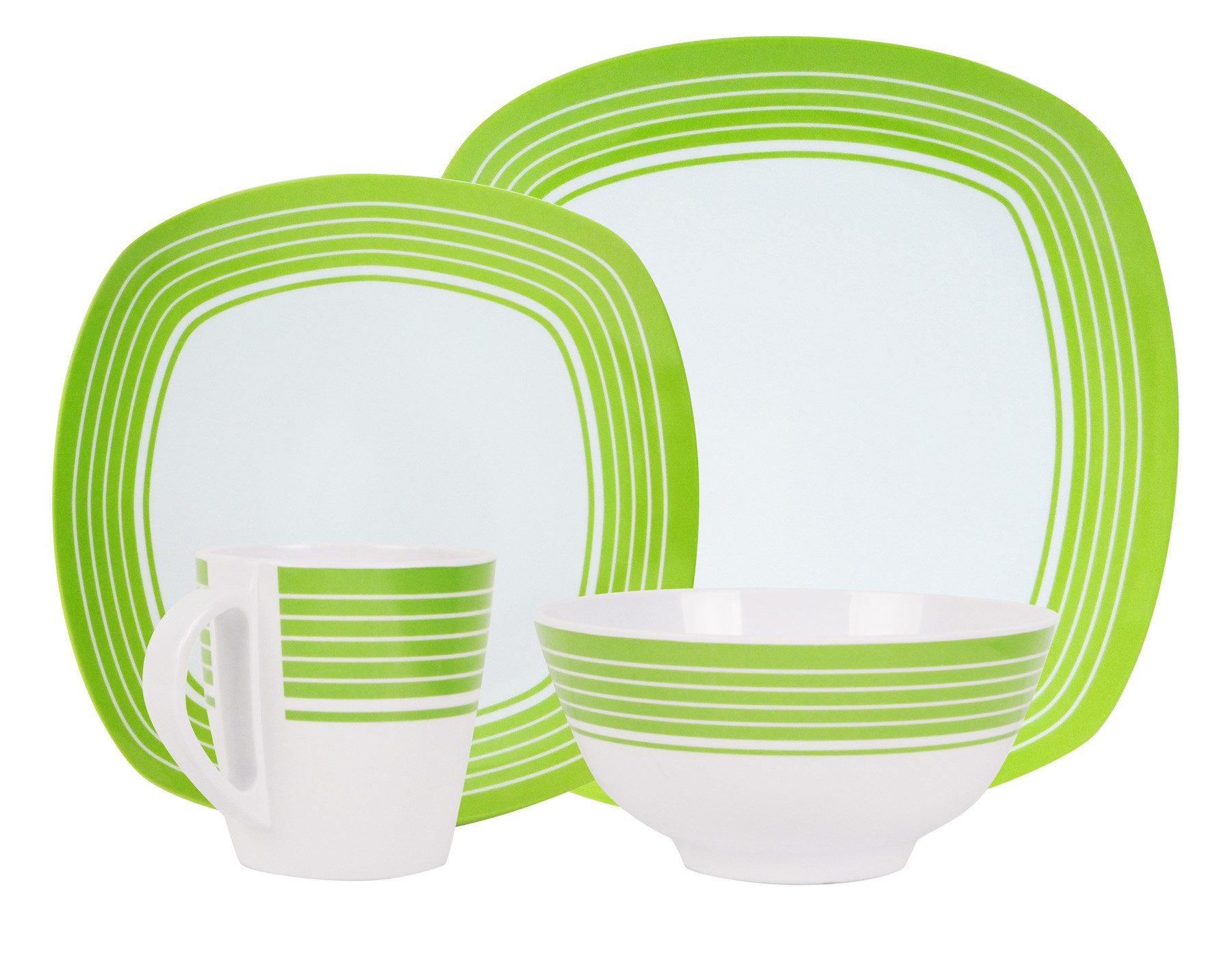 HEKERS Geschirr-Set 100% Melamin Geschirr (4-24 teilig) Classic weiß/grün (eckig) (4-tlg)