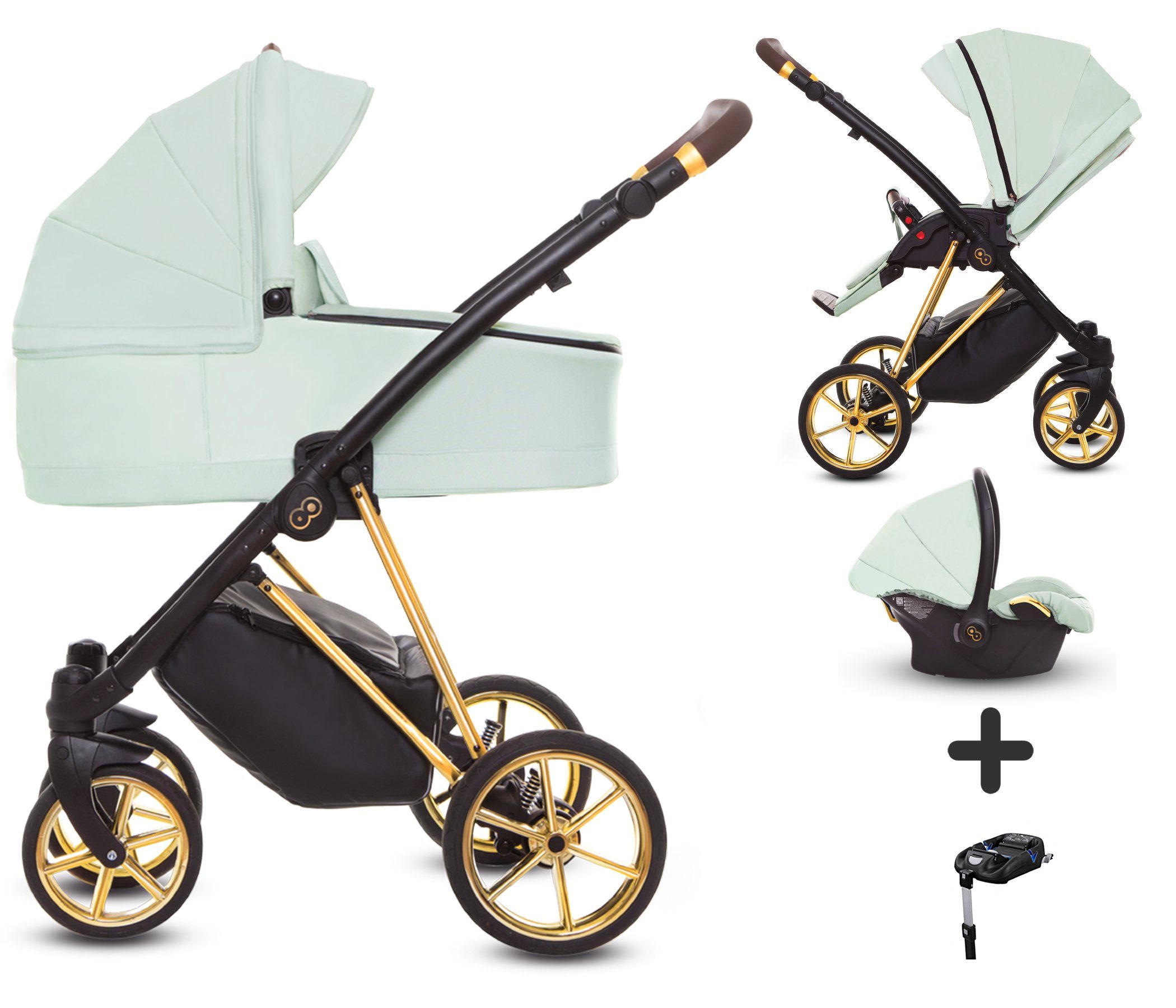 TPFLiving Kombi-Kinderwagen 4 in 1 Musse Ultra, Baby Buggy Babywanne Autositz Isofix Basis, großes Zubehör-Set Kinderwagen 4 in 1 Stoff Mint, Gestell Gold