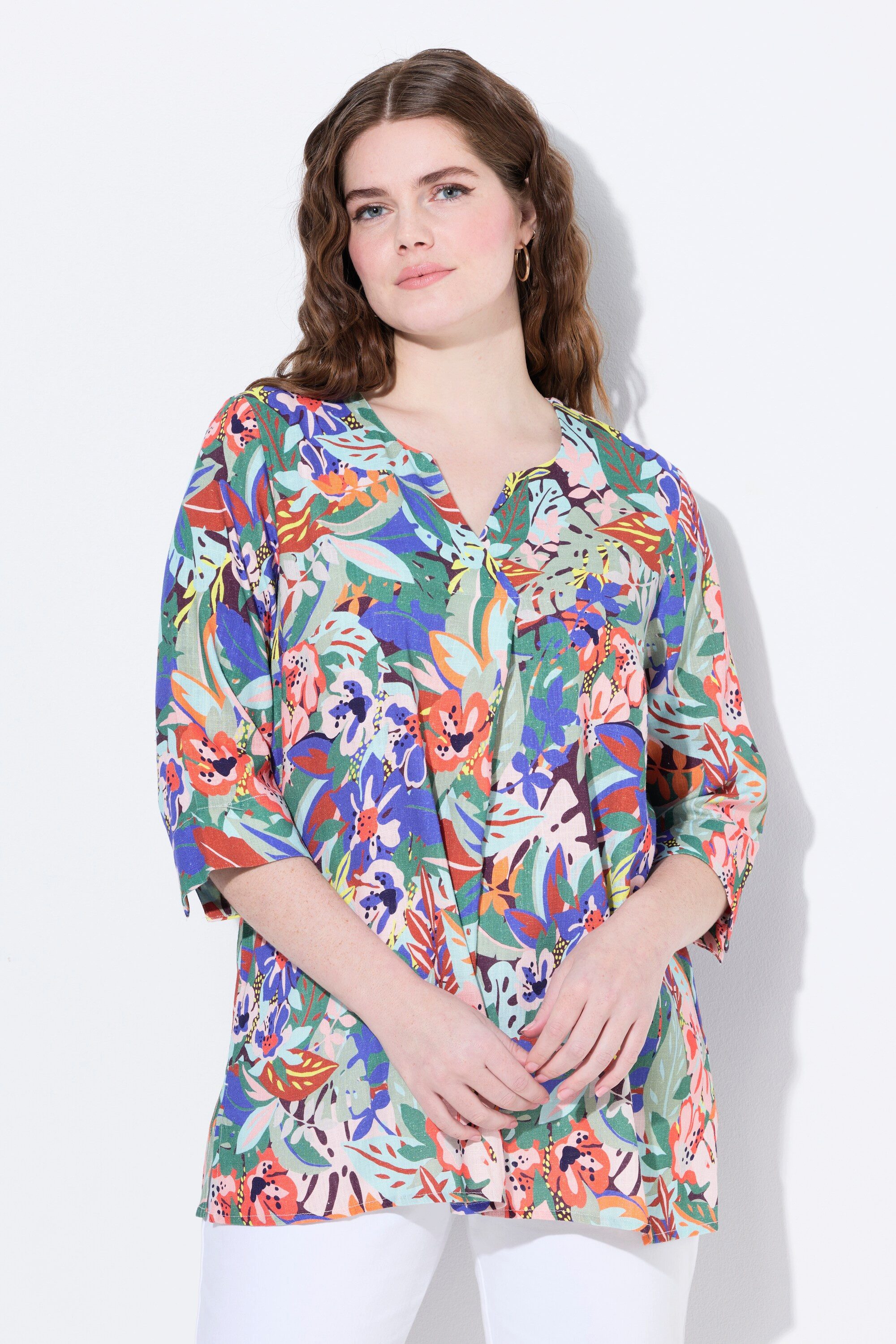 Ulla Popken Tunika Leinenmix-Bluse A-Linie Tunika-Ausschnitt 3/4-Arm