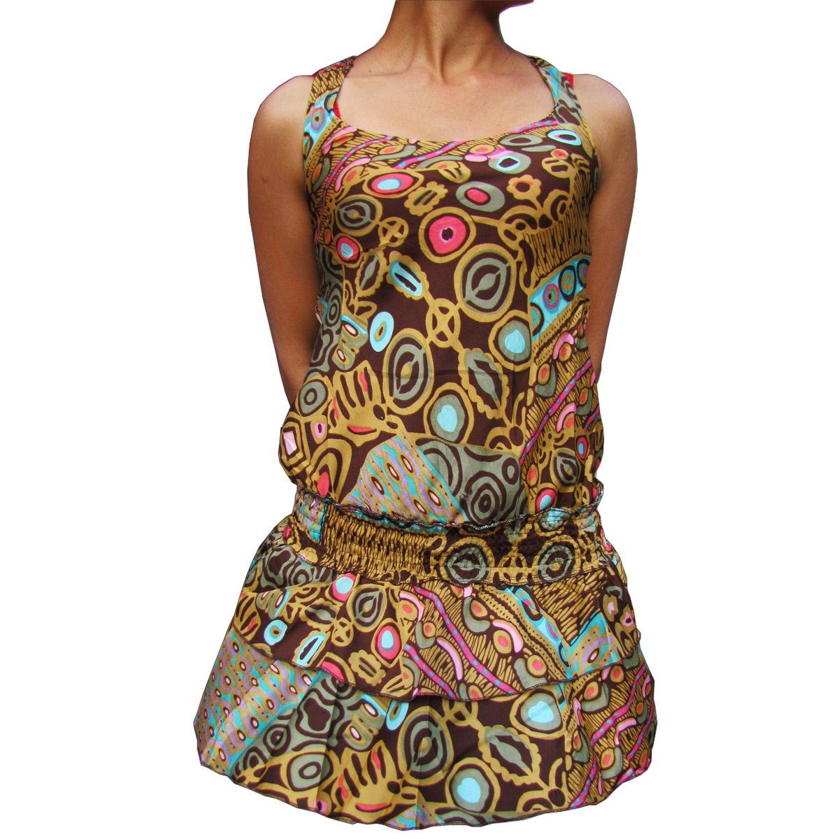 PANASIAM Tunikakleid Sommerkleid in verschiedenen Designs farbenfrohe Tunika aus feiner Viskose auch für Schlagerparty 70er Party oder Festivals ein Hingucker Braun