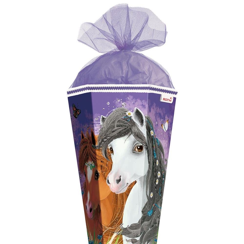 Roth Schultüte Blumenpferde mit Glitter, 85 cm, eckig, lilafarbiger Tüllverschluss, Zuckertüte für Schulanfang