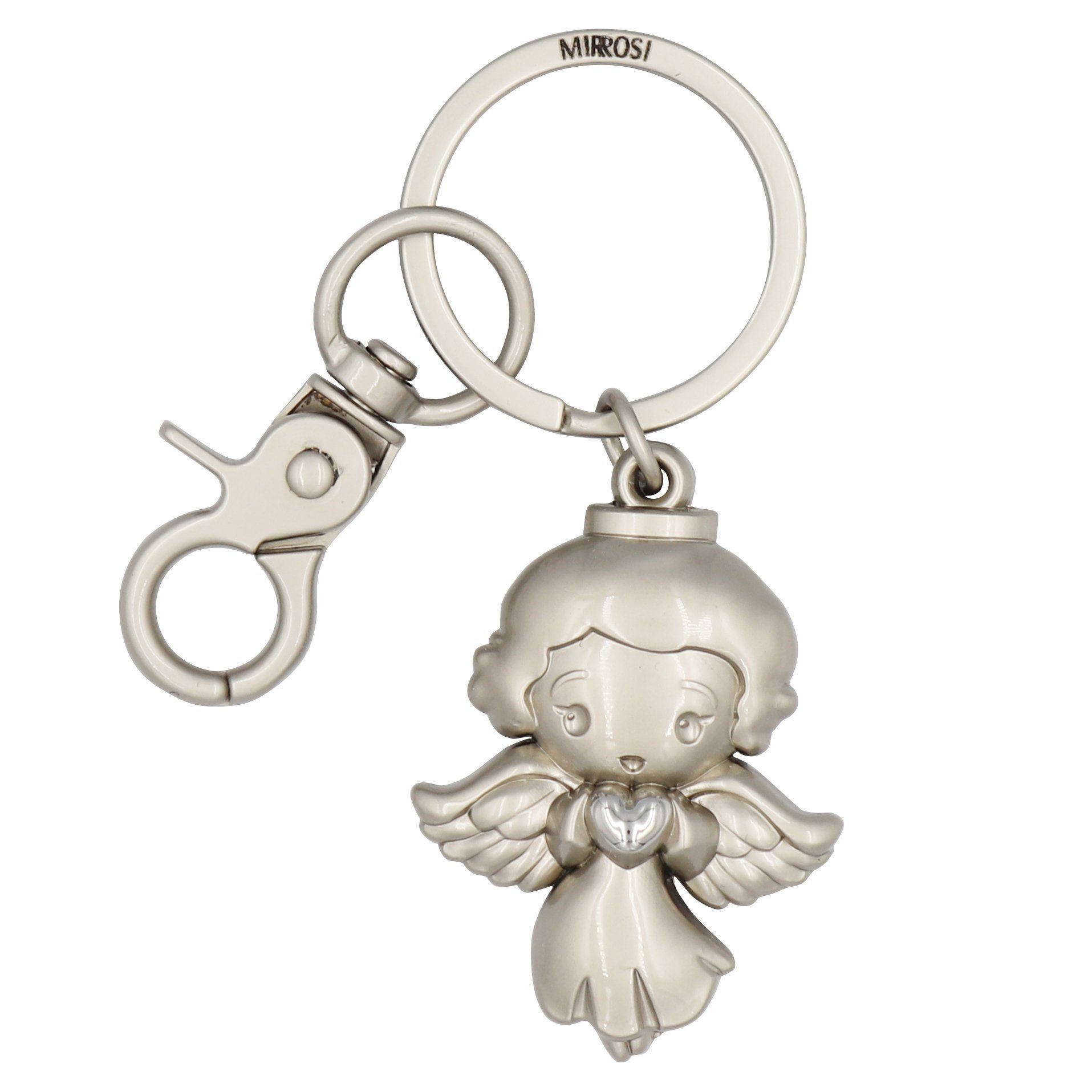 MIRROSI Schlüsselanhänger Schutzengel Engel "Elsa" mit Herzchen (Glückbringer aus Metall), mit praktischem Karabinerhaken Silber
