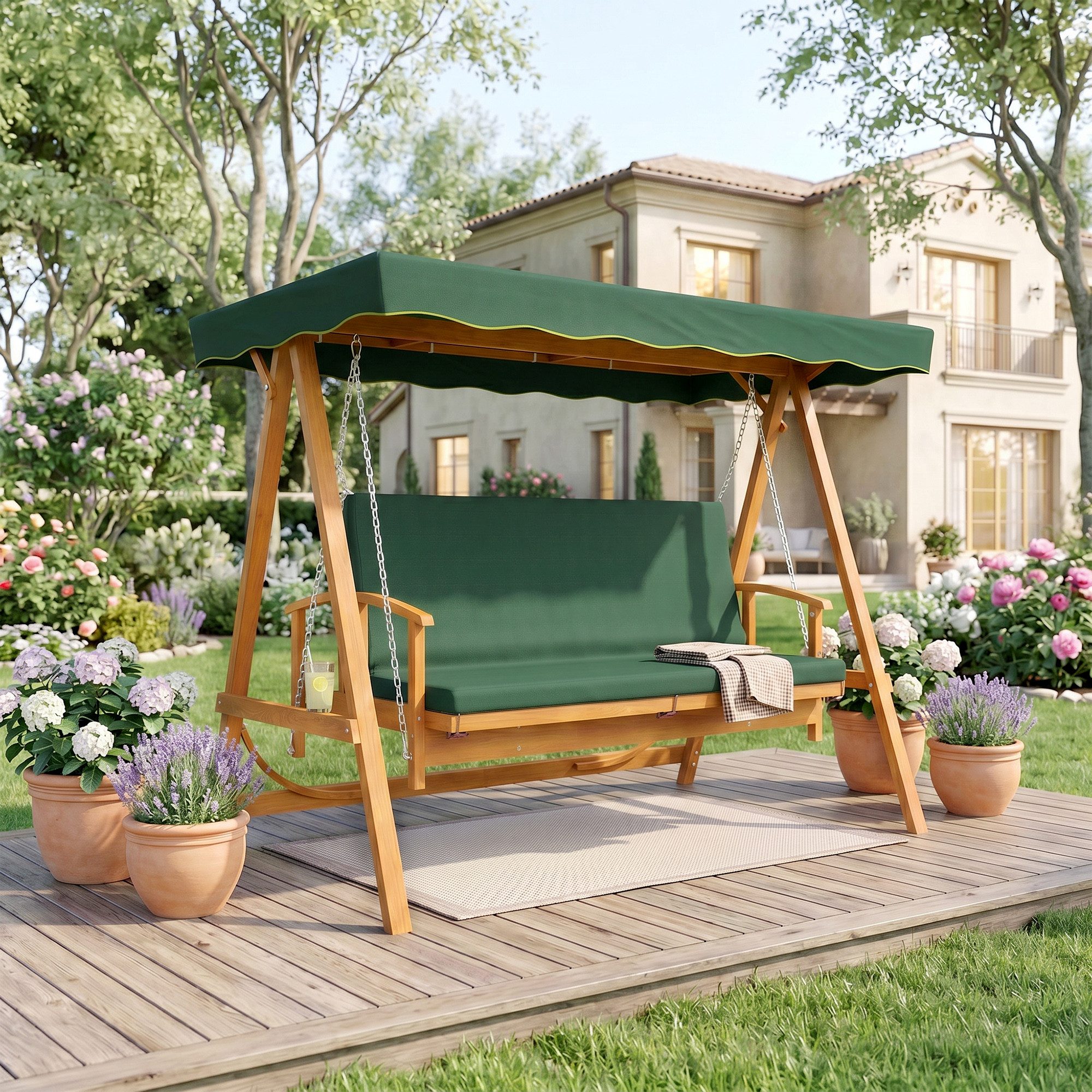 Outsunny Hollywoodschaukel 2 in 1 Gartenschaukel aus Holz mit Sonnendach Sitzauflage bis 330kg, 3-Sitzer, Liegefunktion, 3-Sitzer Gartenschaukel aus Holz, 1 tlg., 2 in 1 Holzschaukel mit Liegefunktion, für Garten, Terrasse, 236x130x181 cm, Dunkelgrün