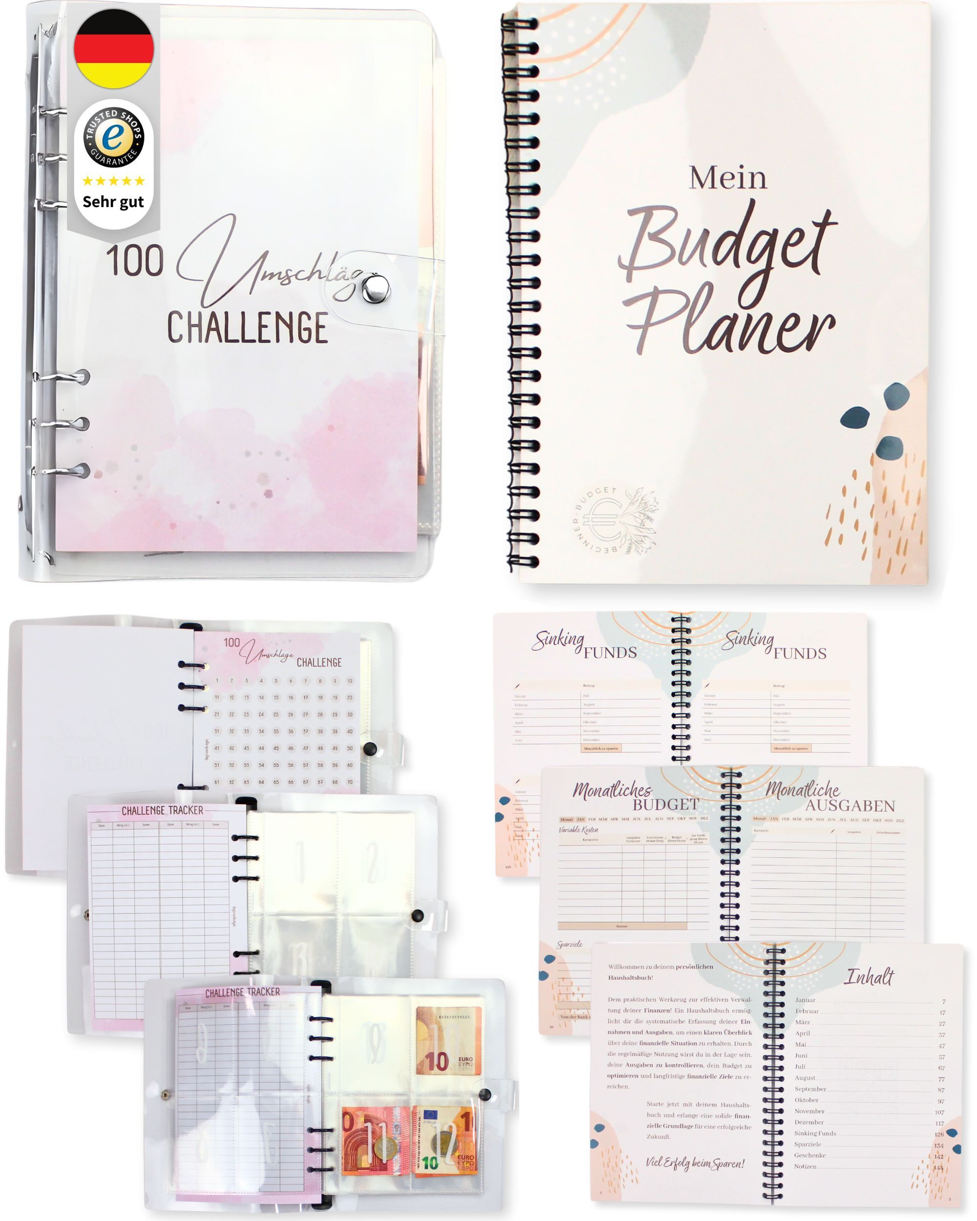 BeginnerBudget Ringbuchmappe Budget Planner Haushaltsbuch + 100 Umschläge Spar-Challenge (Packung, Set), Envelope Spar-Challenge für Bargeld – A5 Clear Binder Sparbuch
