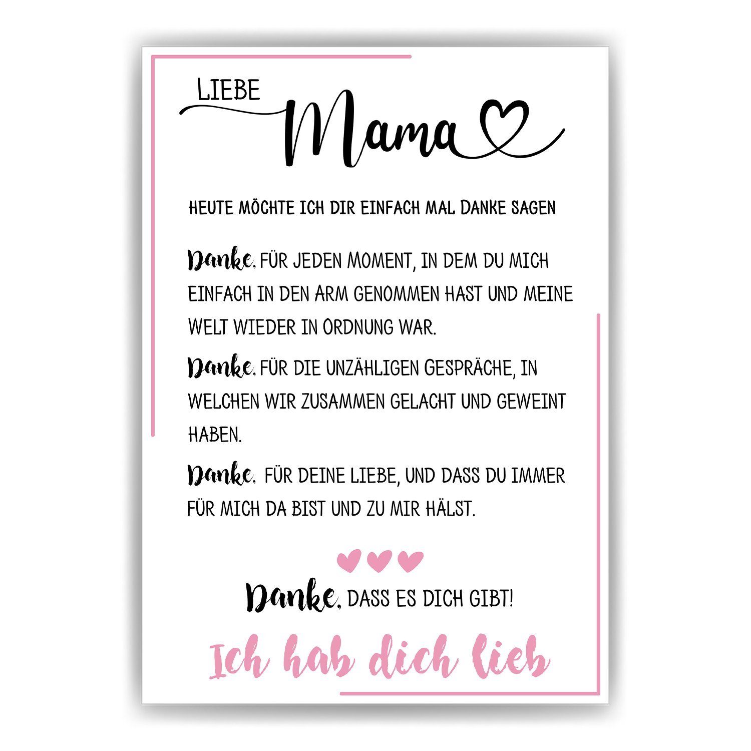 Tigerlino Poster Danke Mama Geschenk Muttertag Geburtstag Mama Spruch Mutter Kunstdruck, DIN A4