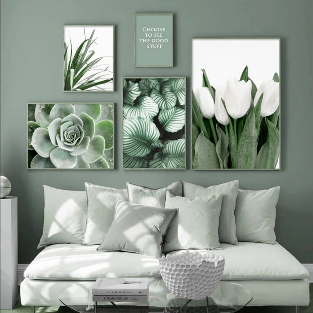 TPFLiving Kunstdruck »OHNE RAHMEN«, Motiv D, Luxus Poster Leinwand -  Wandbild / Blumen und Blätter in Grün und Weis - 15 Motive in 16 Größen zur  Auswahl - Auch in DIN A4,