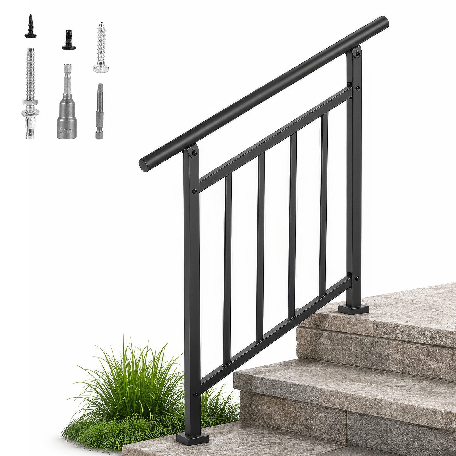 BlingBin Brüstungsgeländer Aussentreppenhandlauf, Geländer Hauseingang, Treppenhandlauf-Set, 95 cm Länge, 96 cm Höhe, Treppengeländer Seitliche Montage, Eingangsgeländer mit flexiblem Winkelverstellung, 1-tlg., 1er Set, Außengeländer Treppengeländer für Innen/Außen, Inkl. Montagematerial