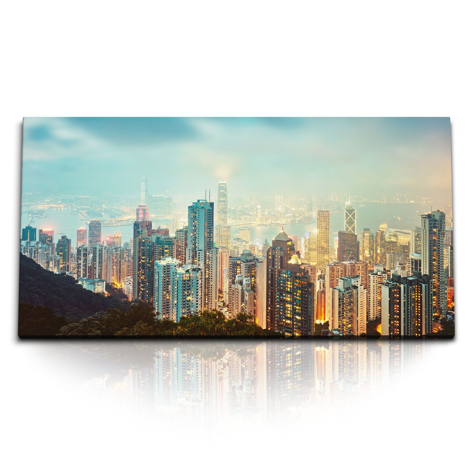 Leinwandbild Kunstdruck Bilder 120x60cm Hongkong Skyline Nacht Stadt Hochhäuser Wol