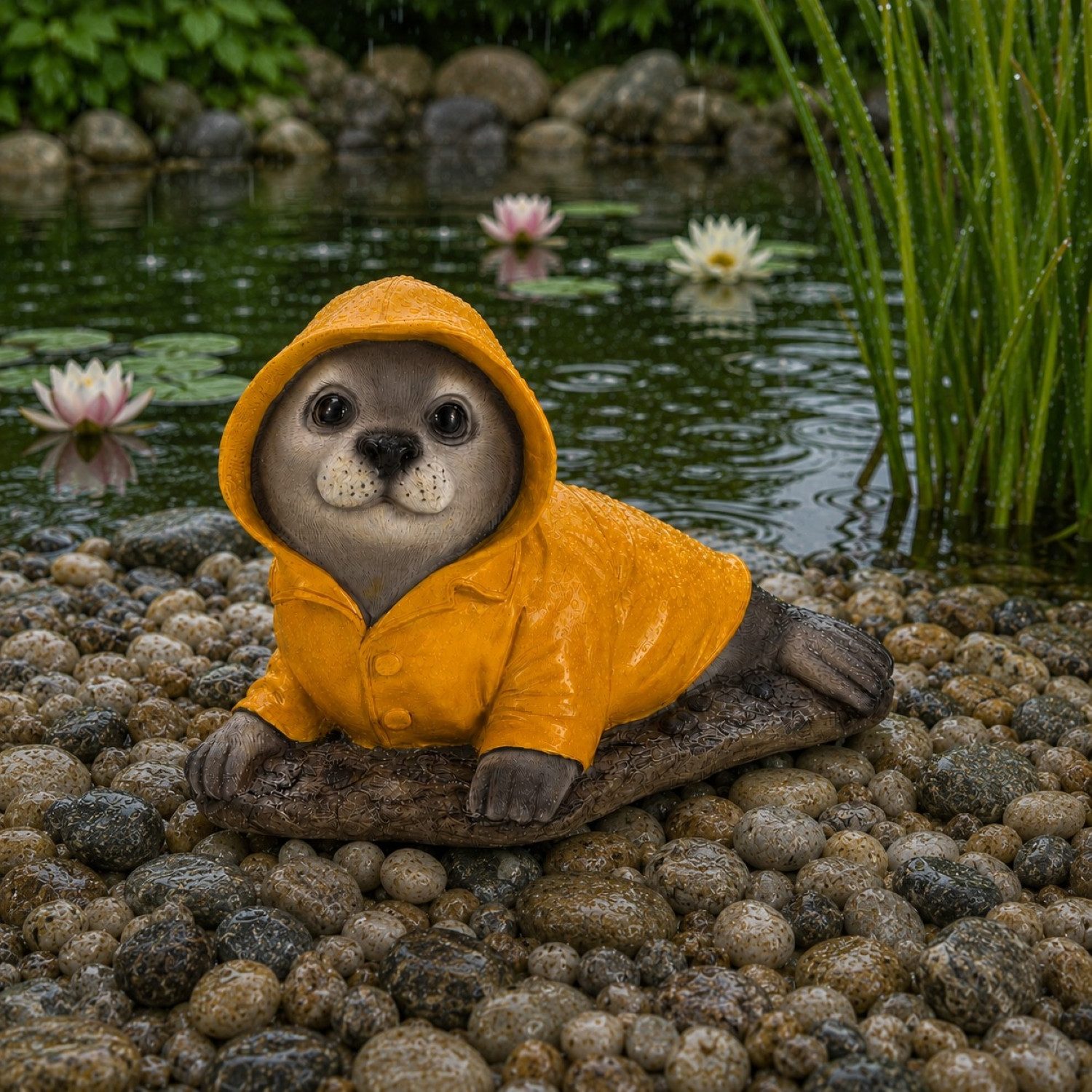Online-Fuchs Gartenfigur für draußen - Seehund im Regenmantel - Teichdeko - 21,5 cm groß, (Robbe, süßes Design), aus langlebigem Kunstharz gefertigt - wetterfest