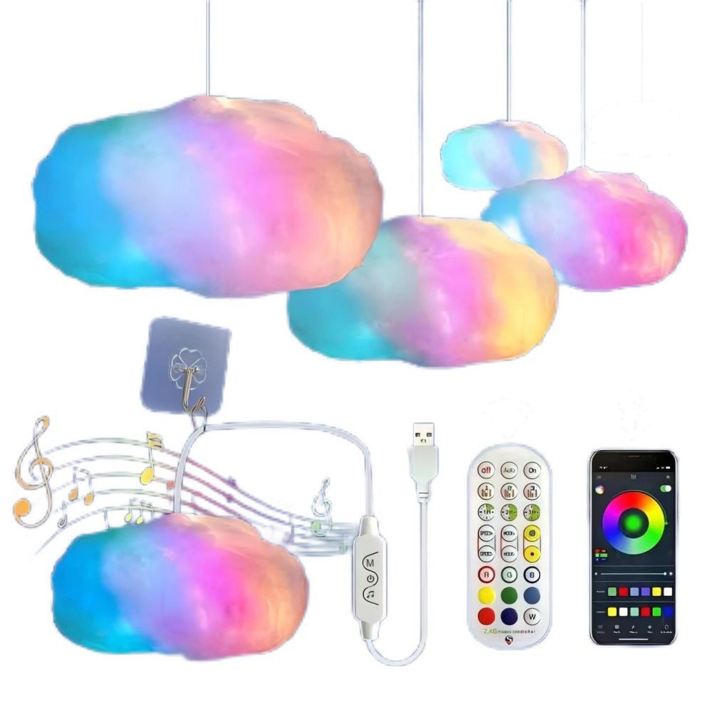 PRIISF LED Pendelleuchte Hängeleuchte Schlafzimmerlampe Baumwolle Wolkenform Thundercloud Licht, 5W, LED fest integriert, Bunt, RGB-Farbwechsel, Mit Fernbedienung APP Musik Lampe Wohnzimmer Bar Leuchte