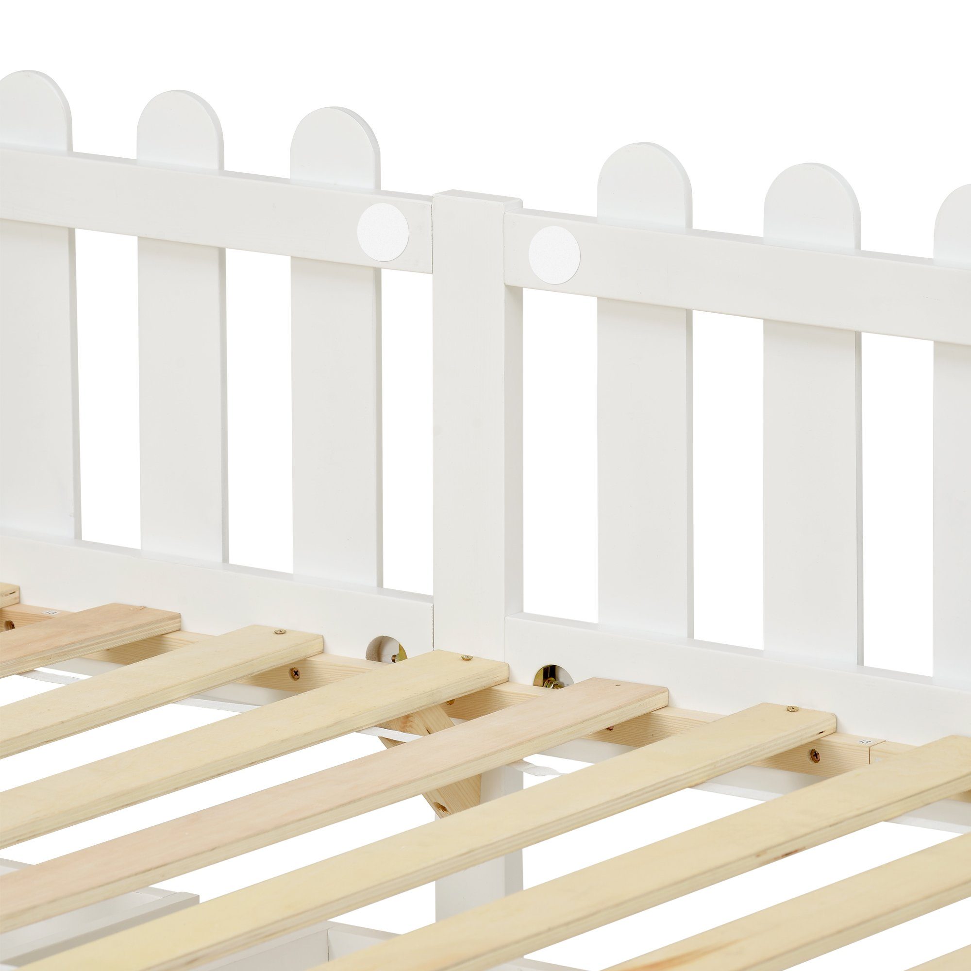 Daybett (1 tlg), Einzelbett Tagesbett Kinderbett mit Rausfallschutz, 2 MDF Schubladen und Lattenrost, Kiefernholz, Bett 200x90cm