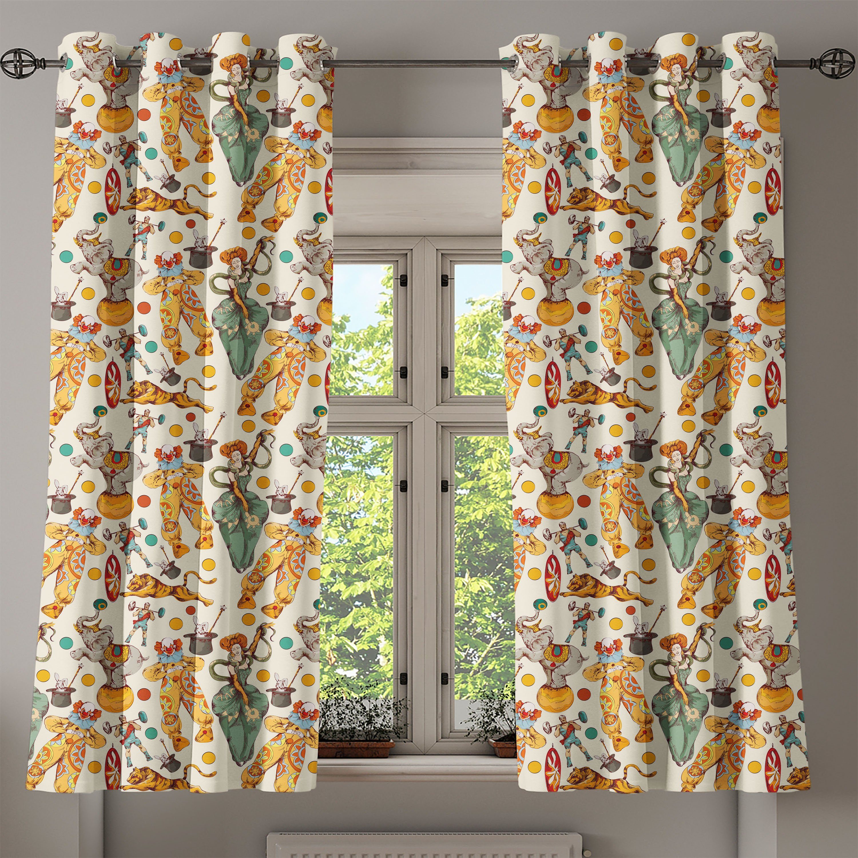 Gardine Dekorative 2-Panel-Fenstervorhänge für Schlafzimmer Jahrgang Zirkus Abakuhaus, Wohnzimmer, Clown Doodle und