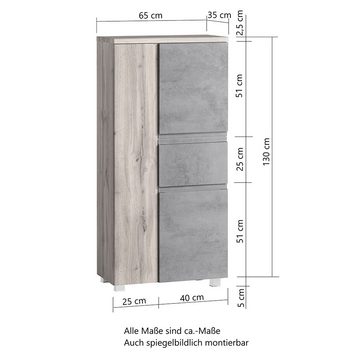 Lomadox Hochschrank VASTO-03-CONCRETE 65cm Midischrank mit Schublade Wotan Eiche Nb. mit Beton Optik